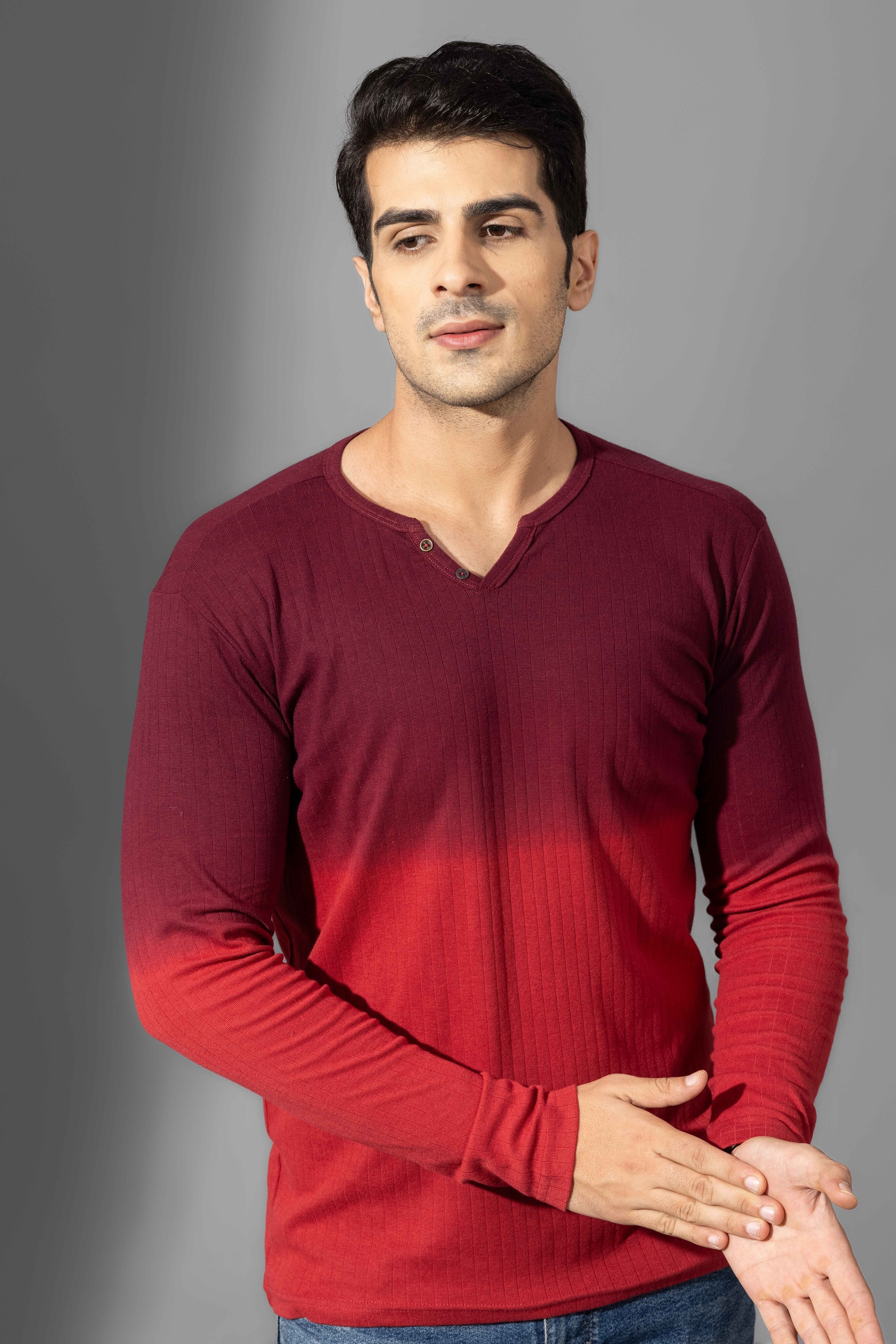 Red Omber Dyed Double Needle Henley T-Shirt