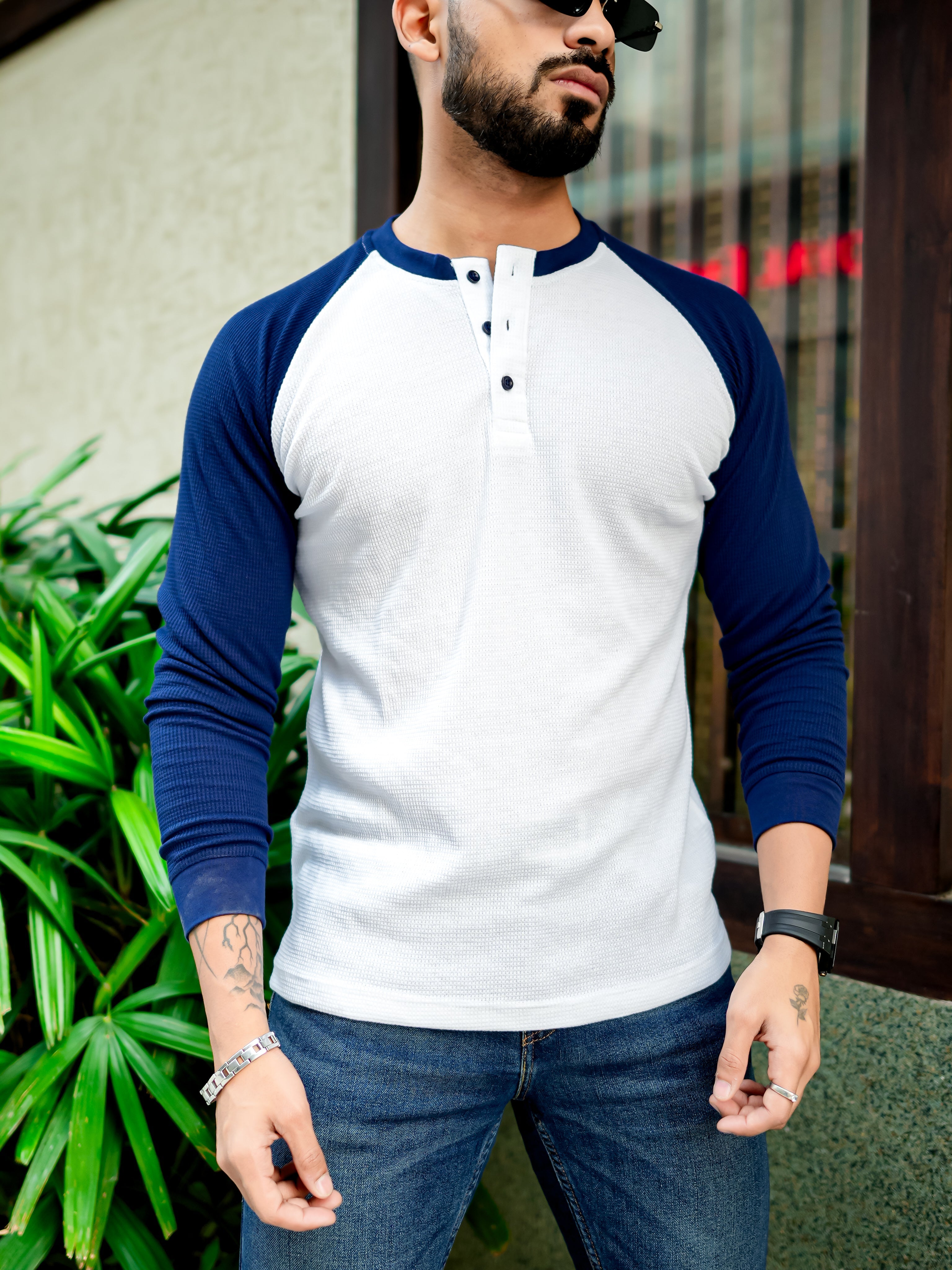 White Navy Waffle Raglan Full Sleeve T-Shirt