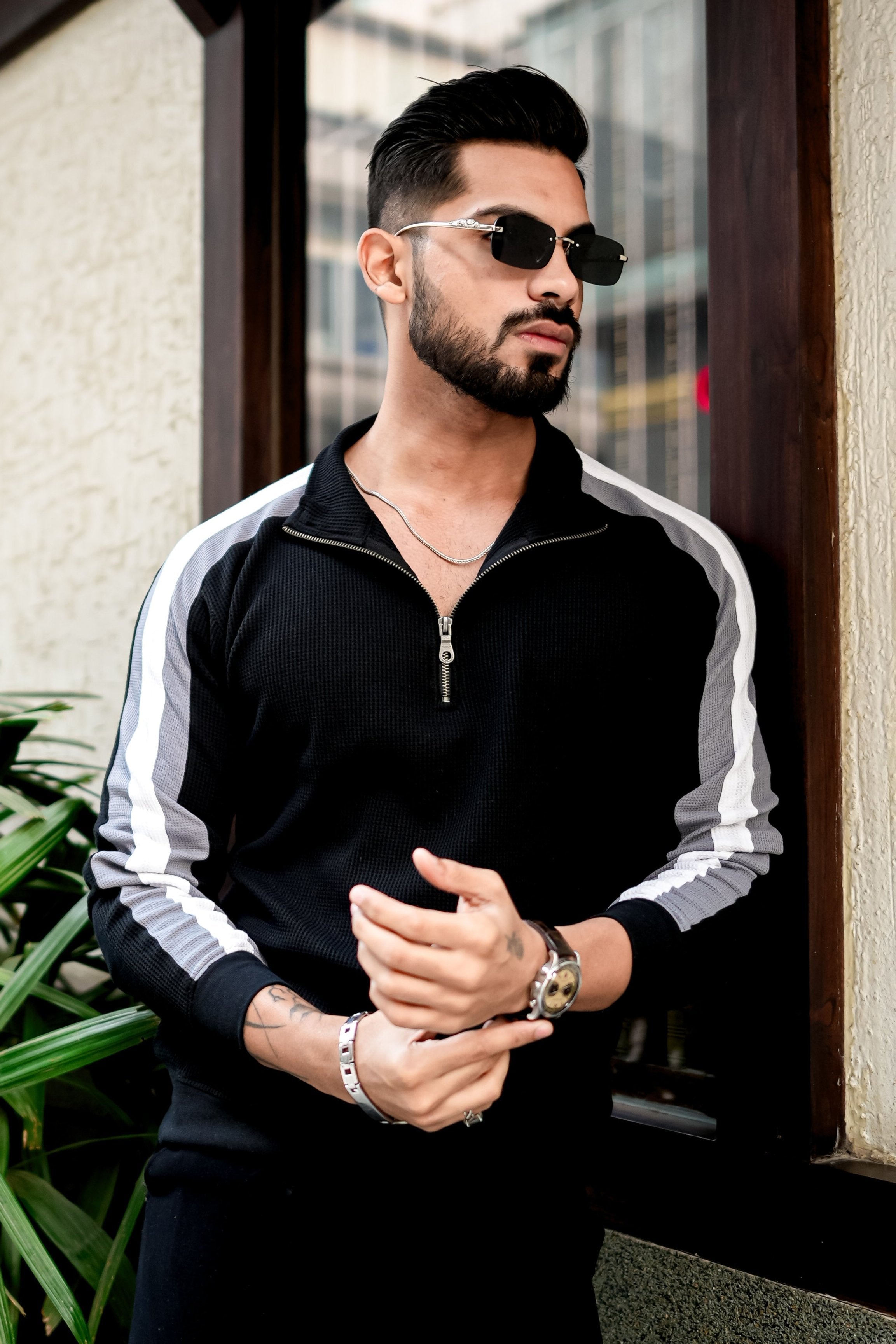 Black Color Block Waffle Zipper T-Shirt