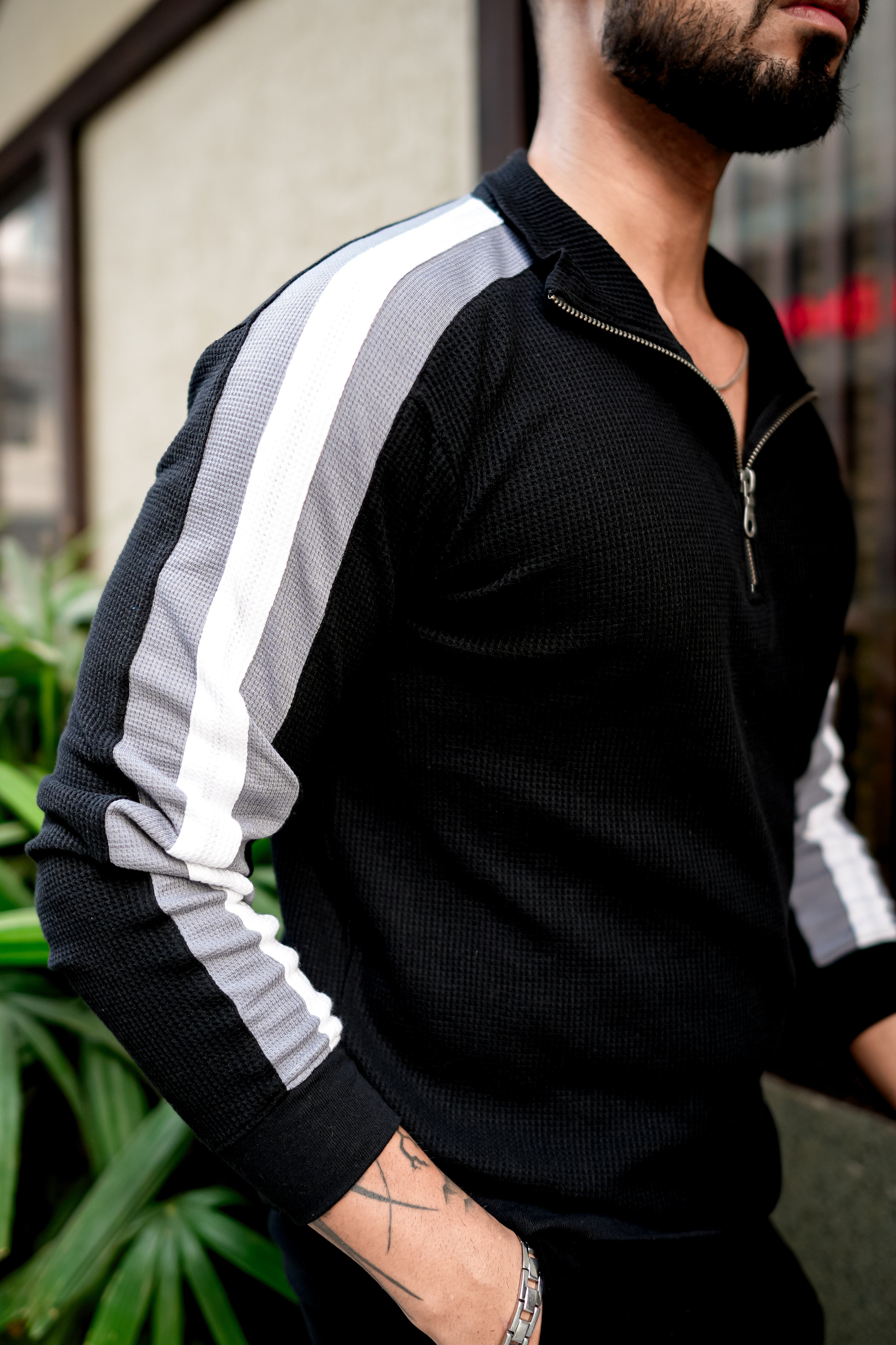 Black Color Block Waffle Zipper T-Shirt
