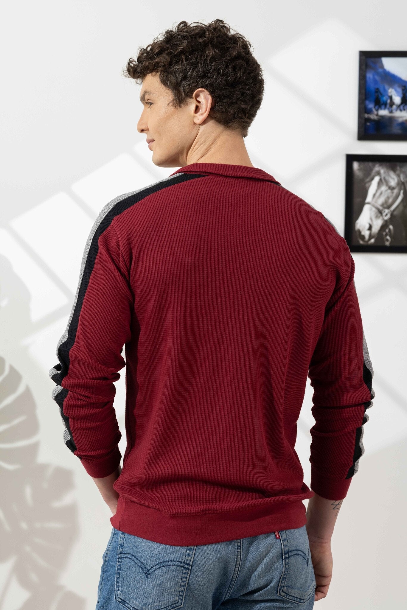 Maroon Self Design Zipper Collar T-Shirt