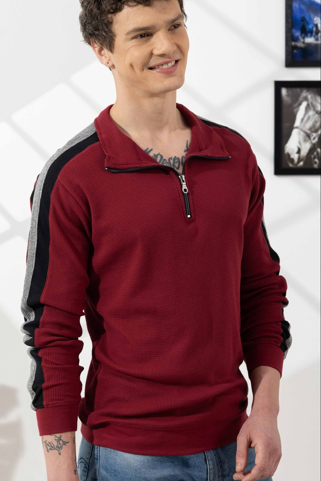 Maroon Self Design Zipper Collar T-Shirt