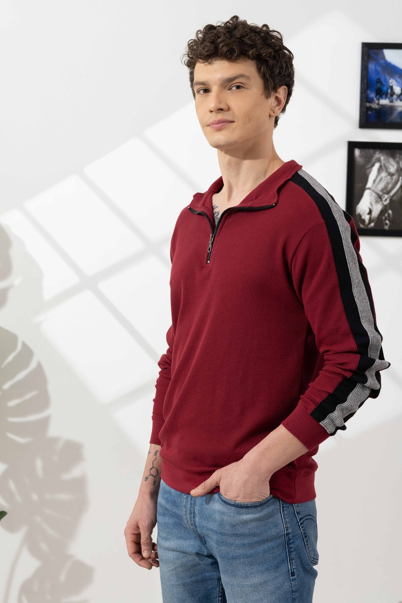 Maroon Self Design Zipper Collar T-Shirt