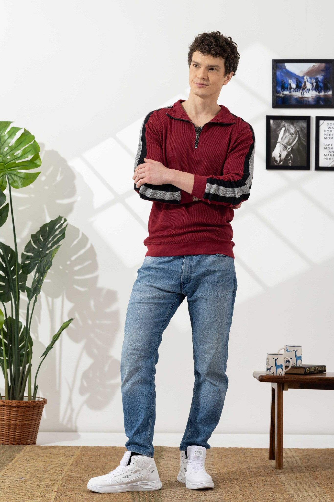 Maroon Self Design Zipper Collar T-Shirt