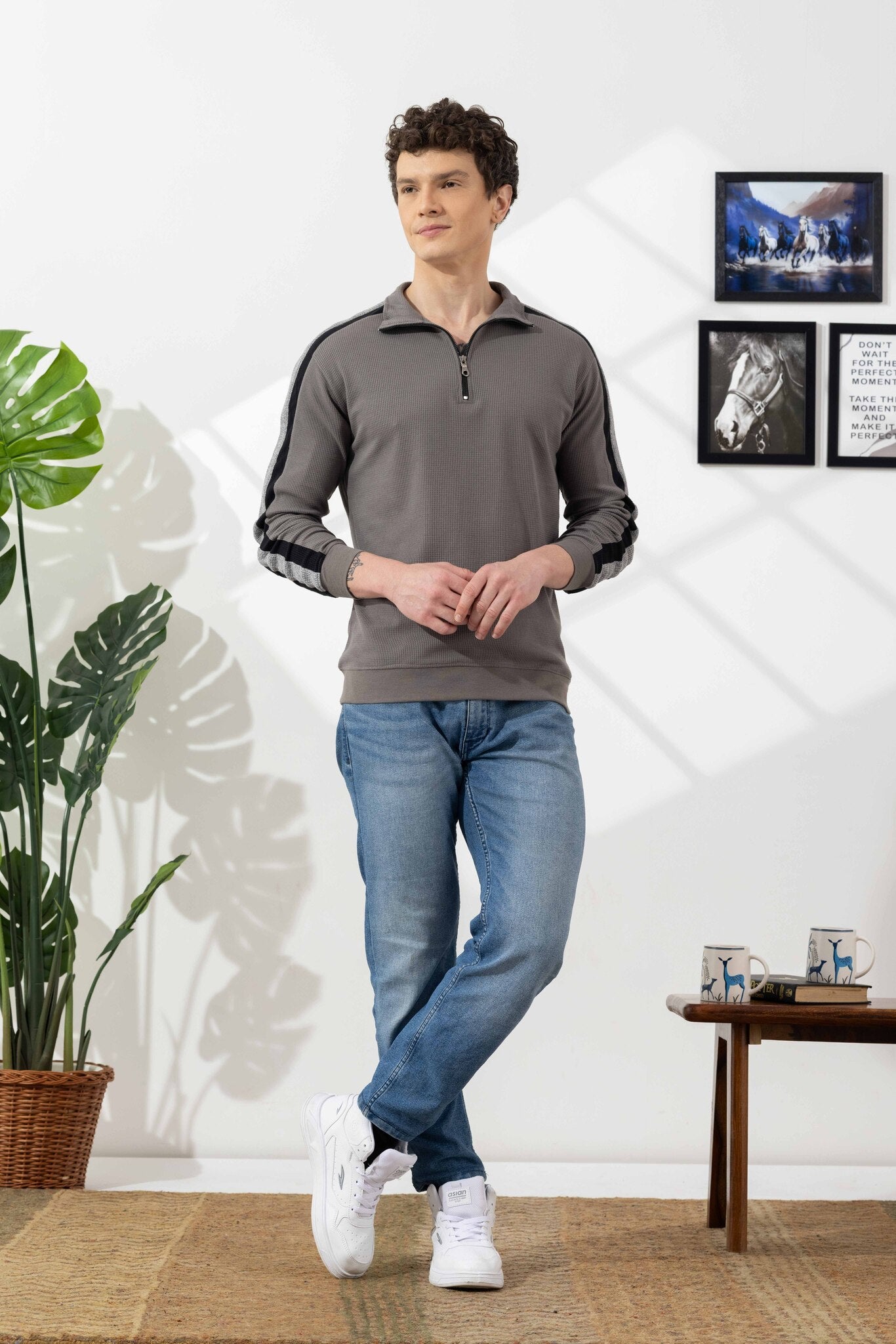 Grey Self Design Zipper Collar T-Shirt