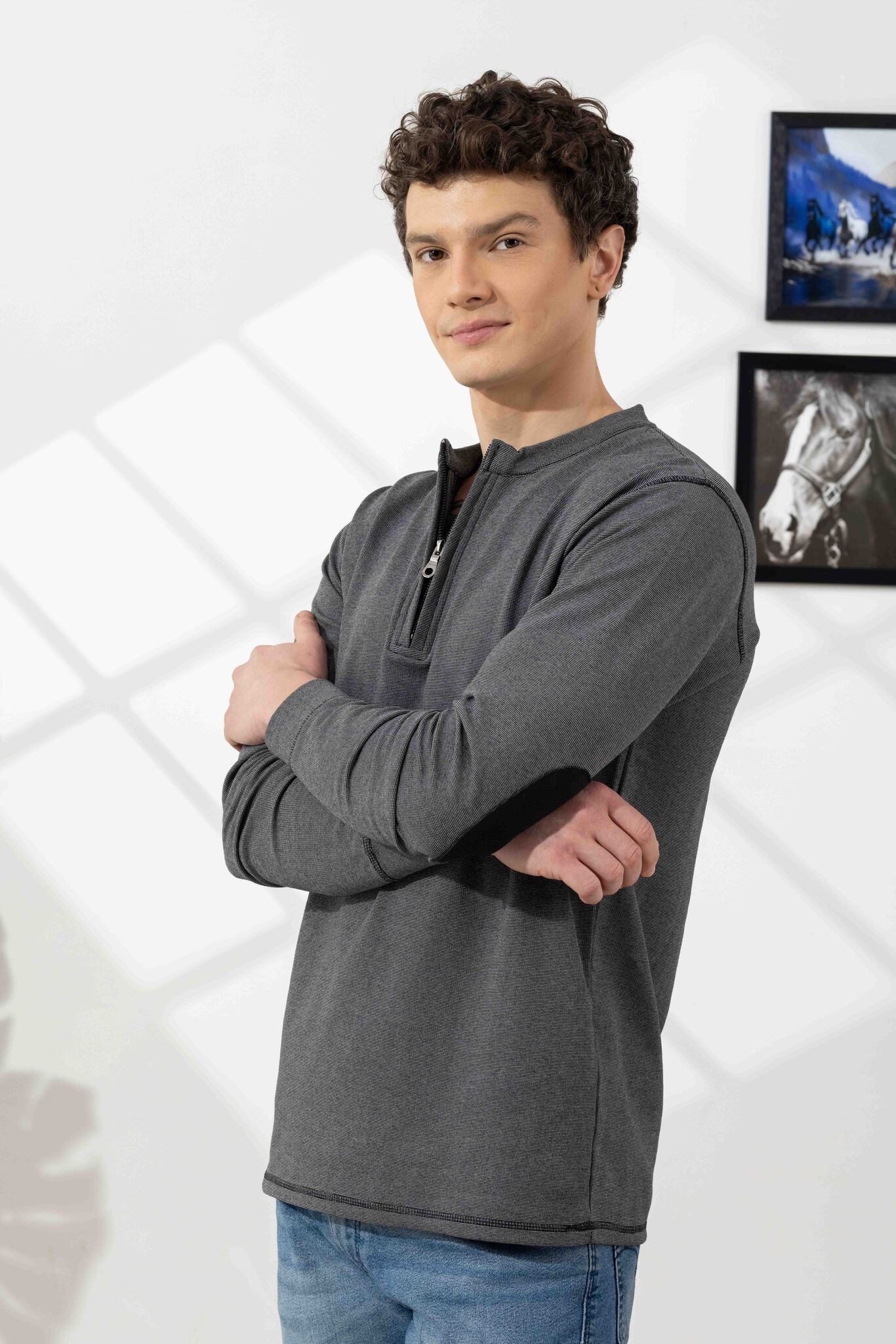 Dark Grey Cross Stitched Elbow Patch Waffle Zipper T-Shirt
