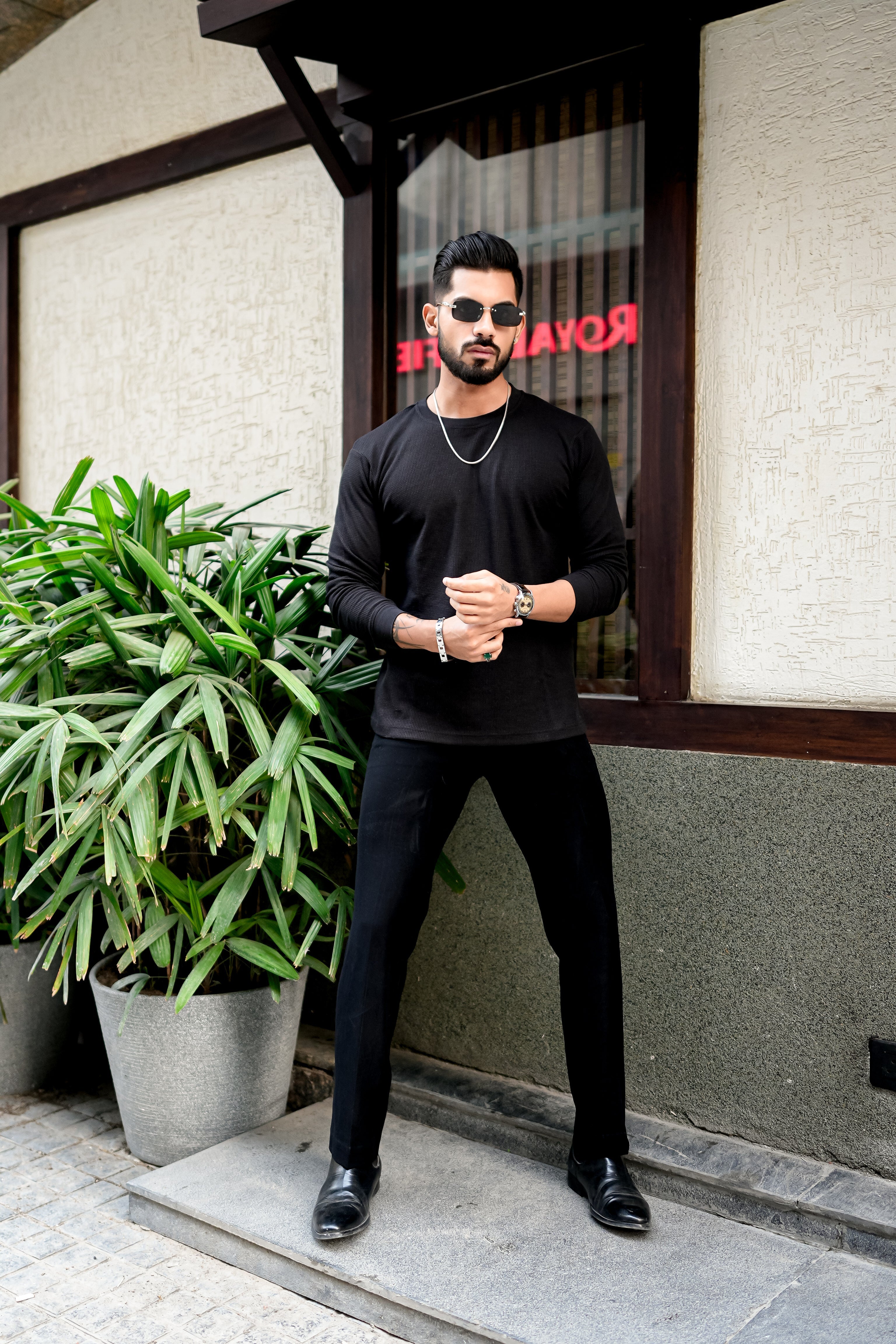 Black Waffle Round Neck T-Shirt