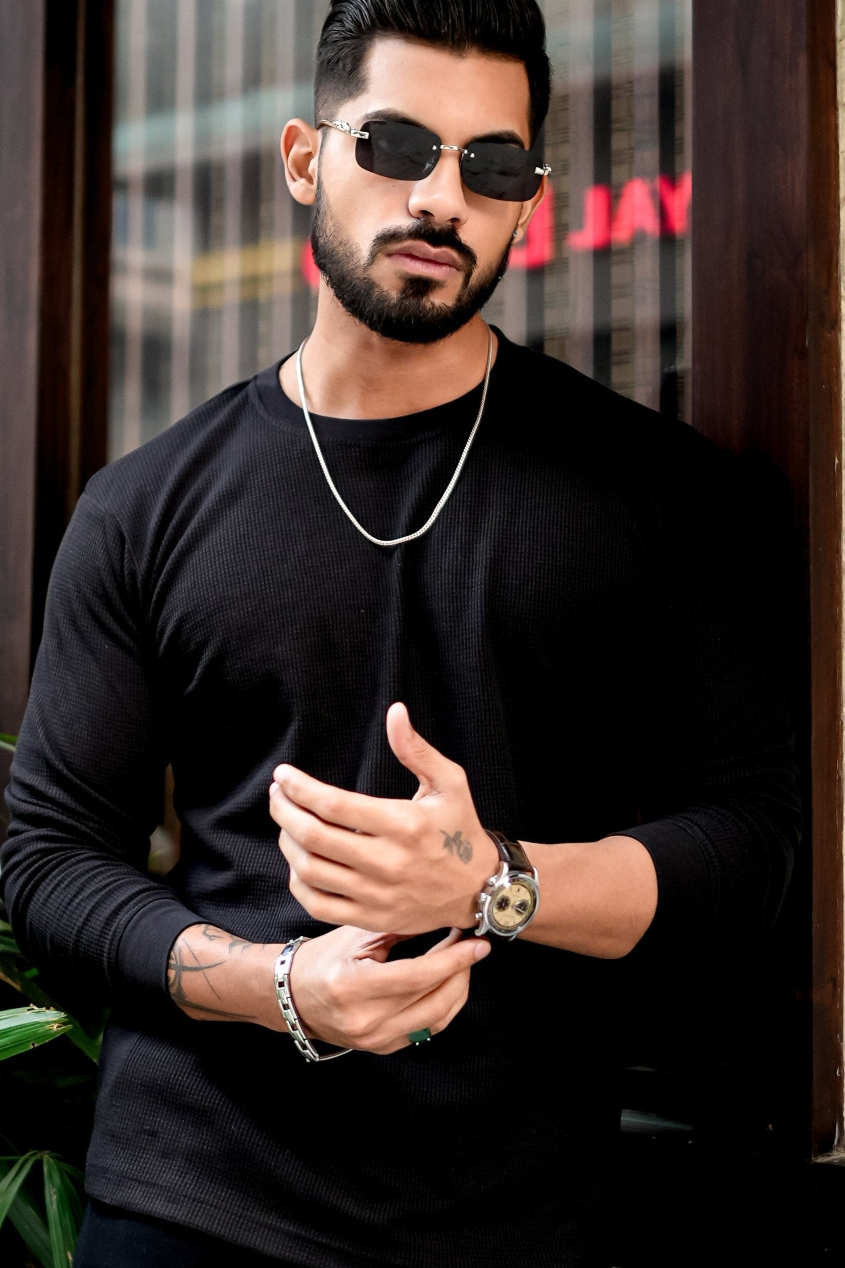 Black Waffle Round Neck T-Shirt