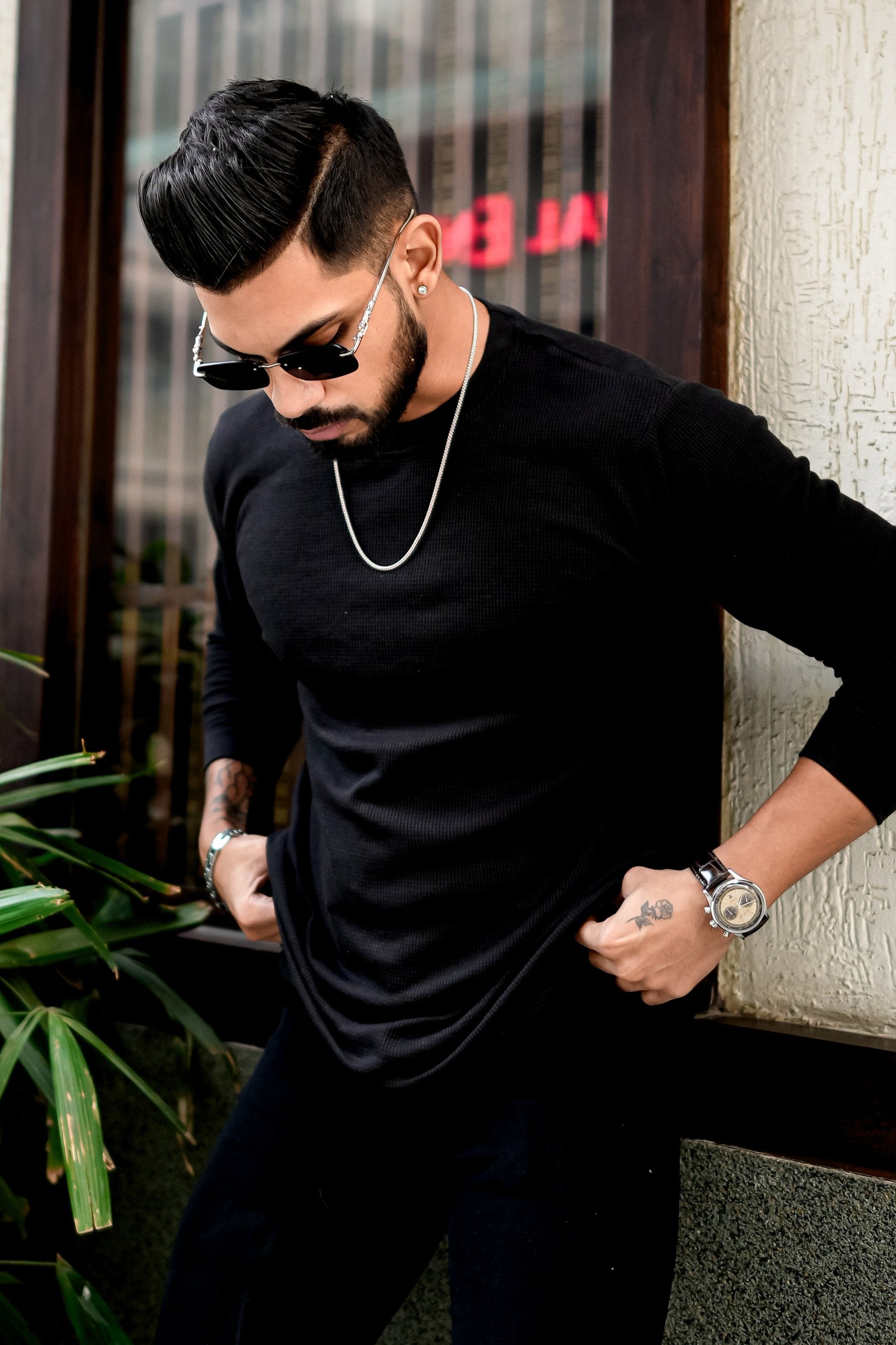 Black Waffle Round Neck T-Shirt