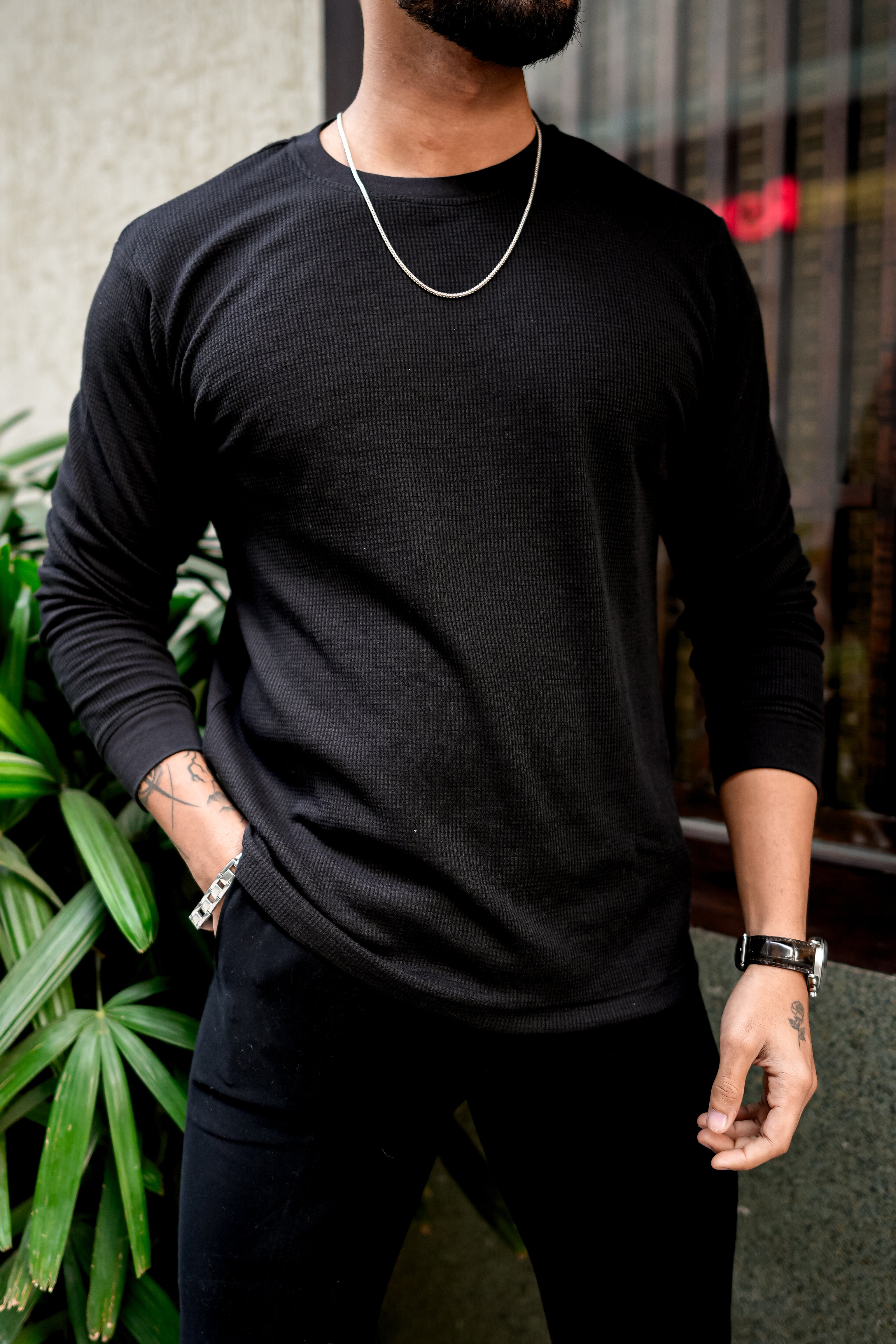 Black Waffle Round Neck T-Shirt