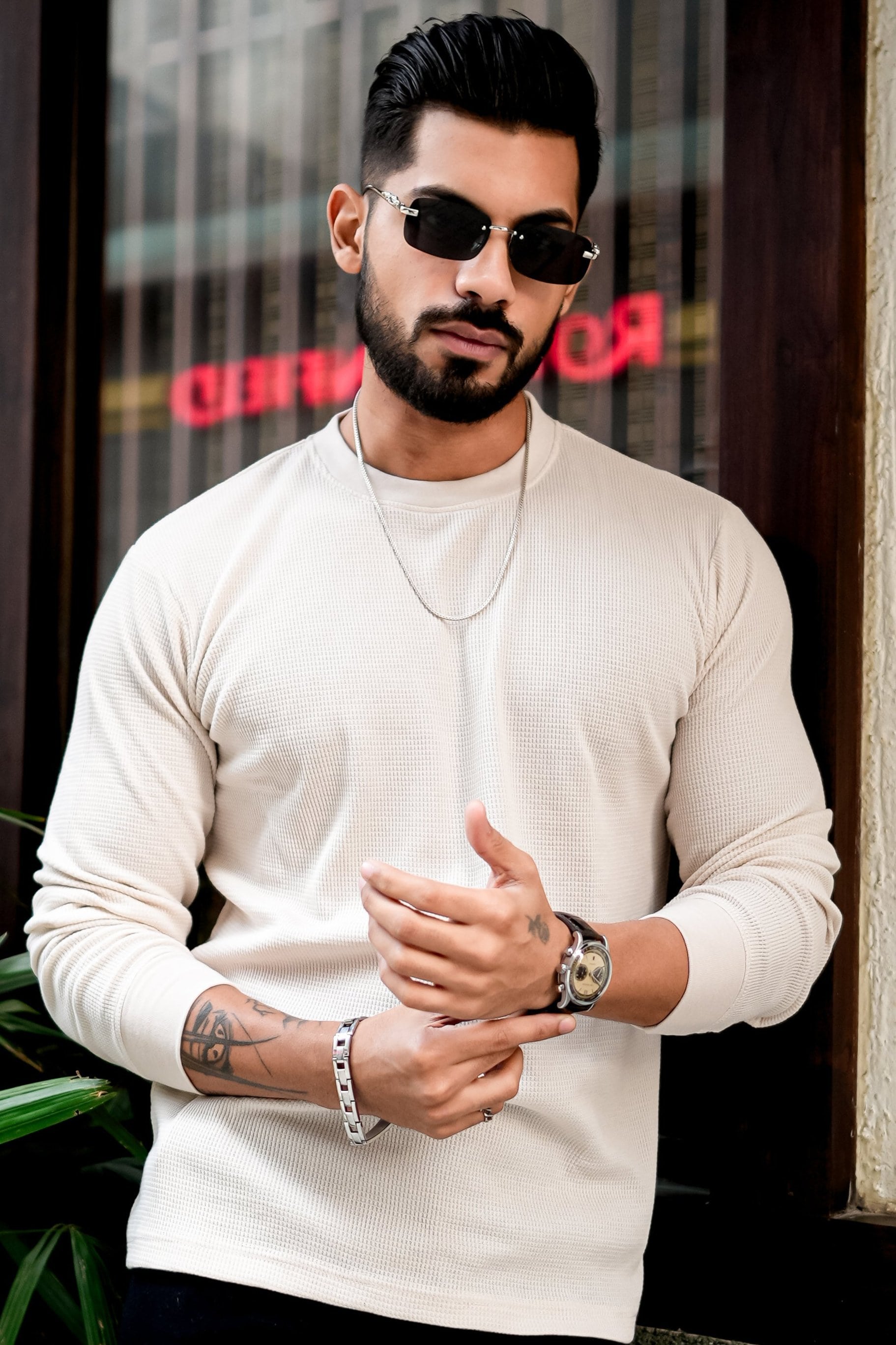 Cream Waffle Round Neck T-Shirt