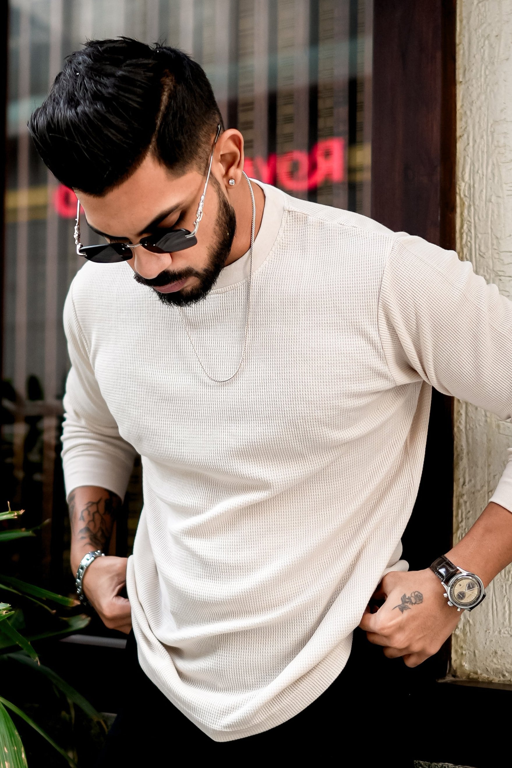 Cream Waffle Round Neck T-Shirt