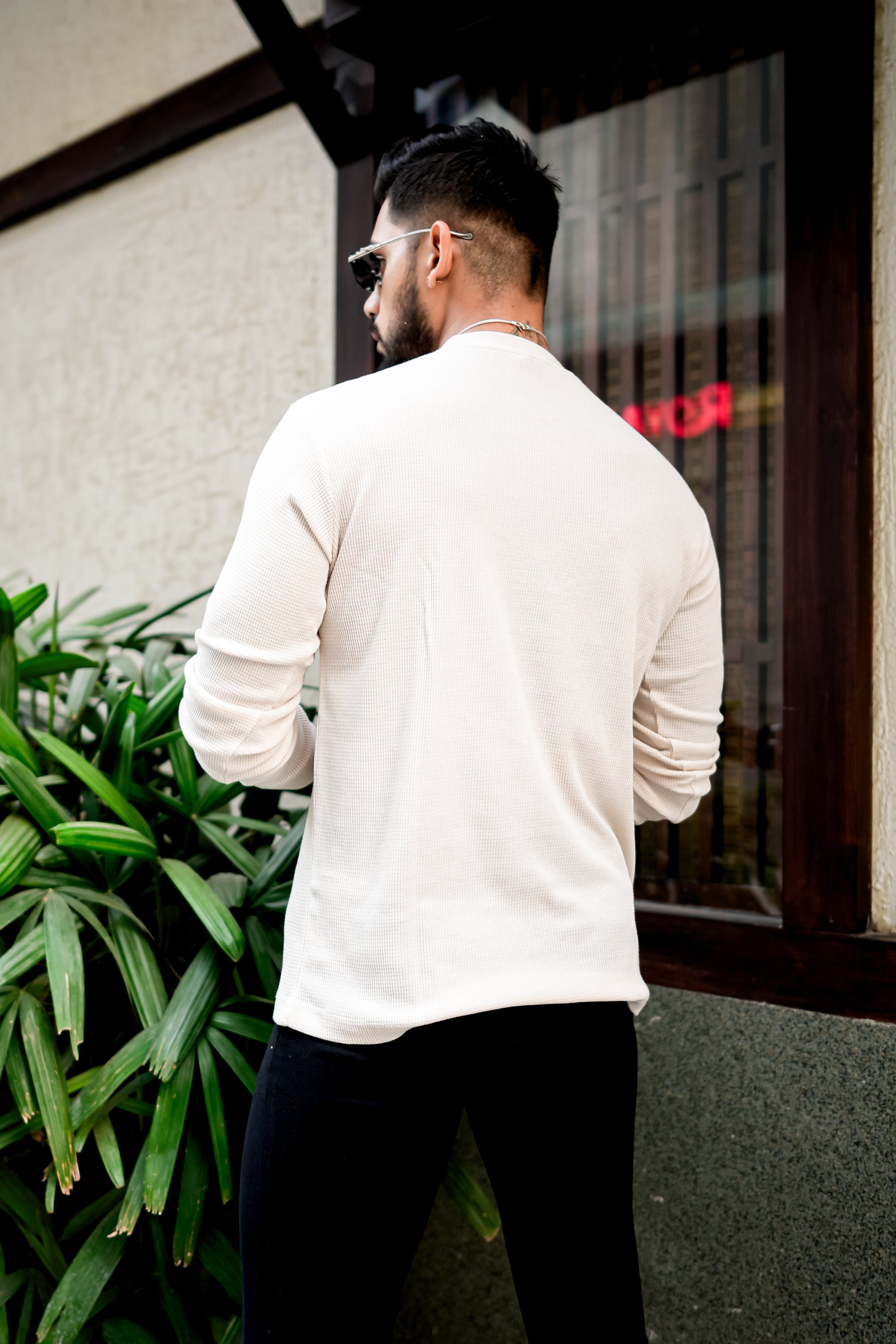Cream Waffle Round Neck T-Shirt