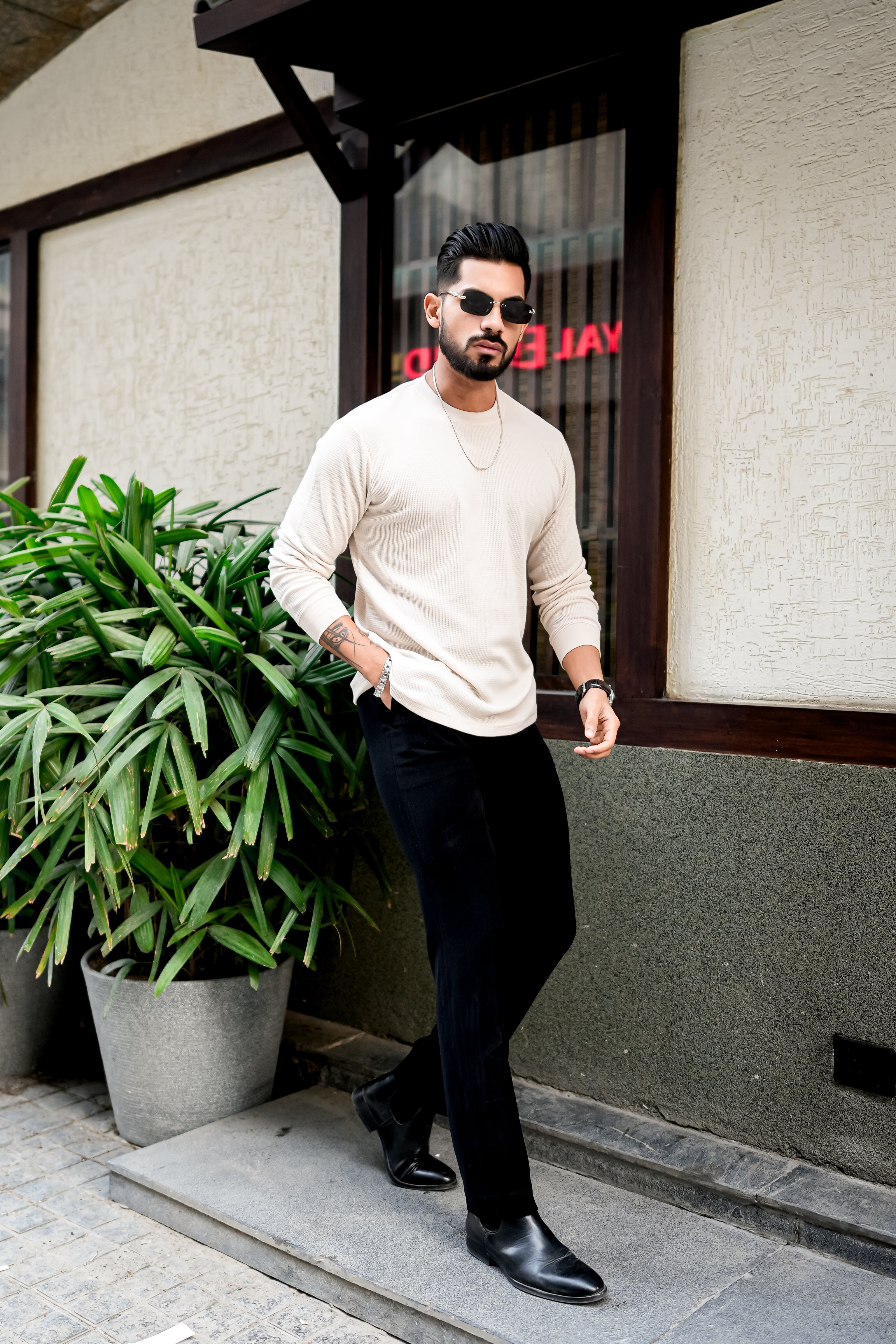 Cream Waffle Round Neck T-Shirt