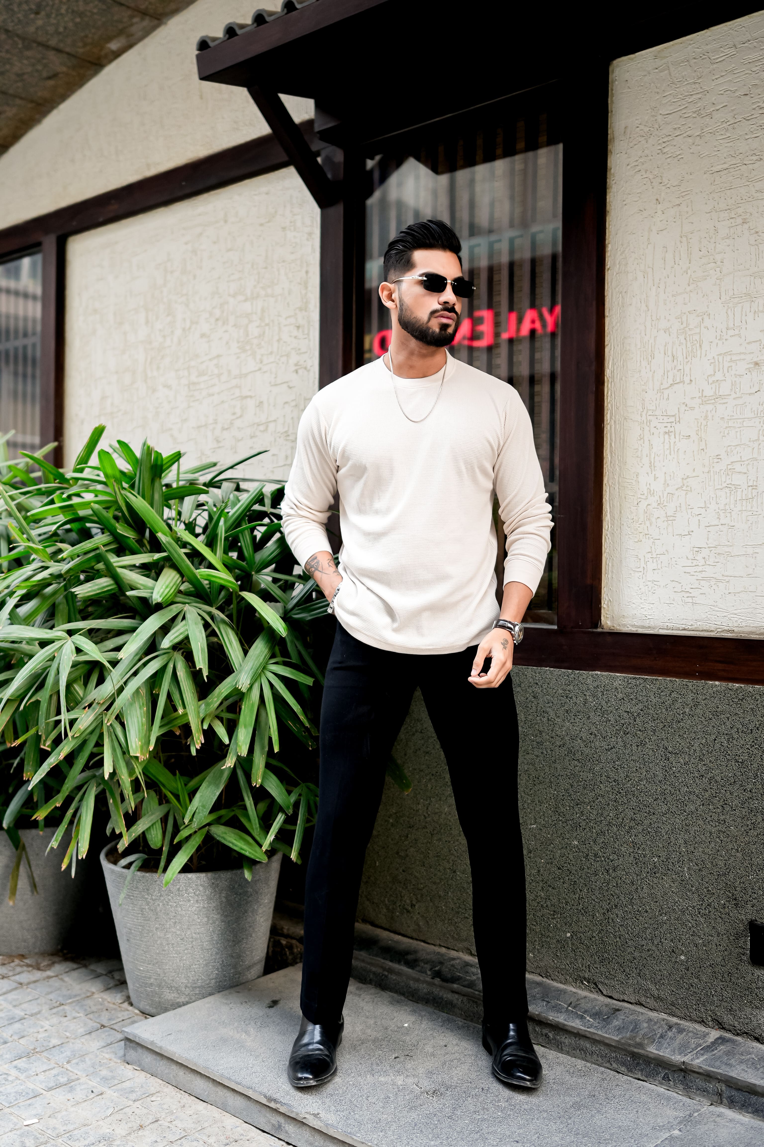 Cream Waffle Round Neck T-Shirt