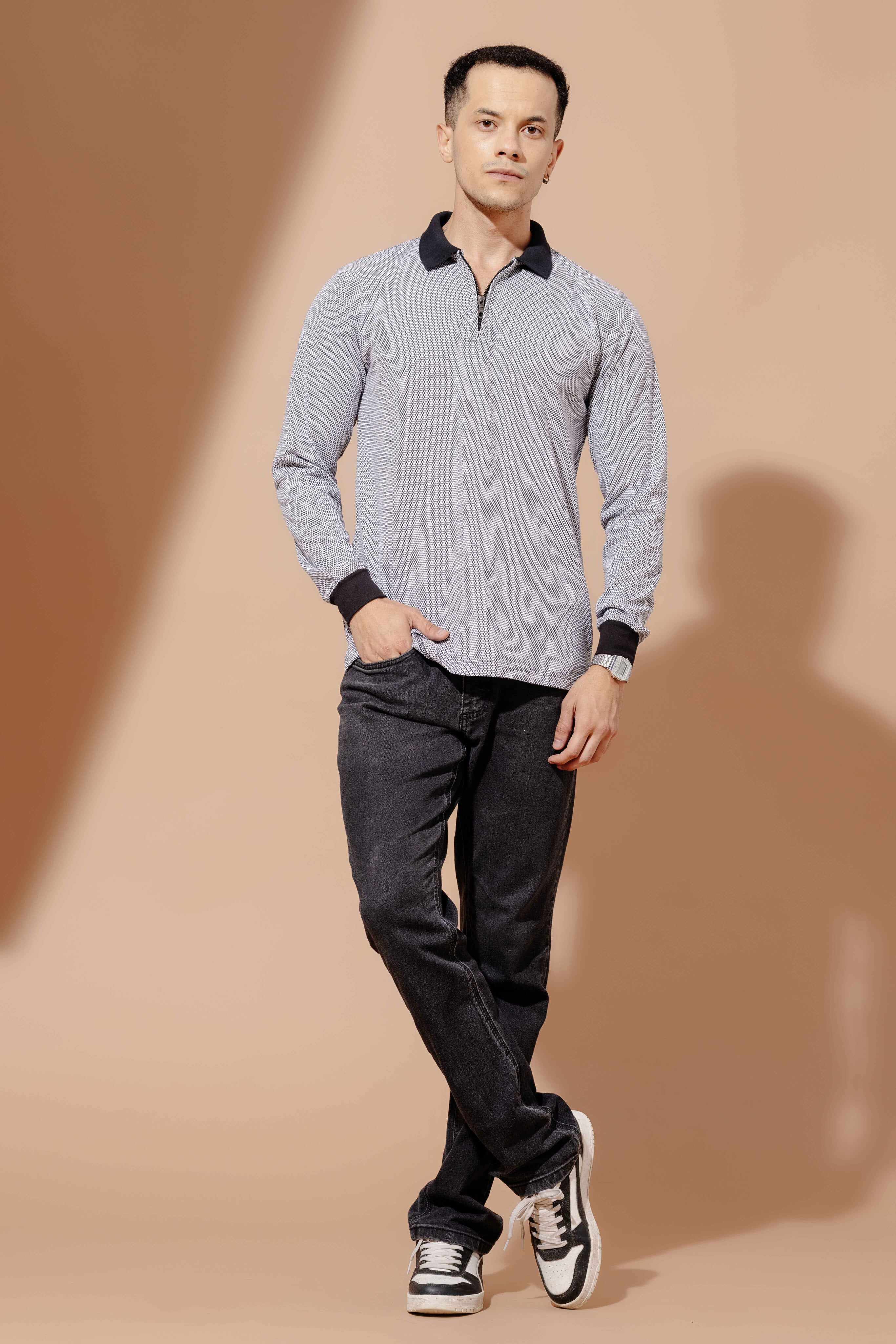Black Self Design Zipper Collar T-Shirt