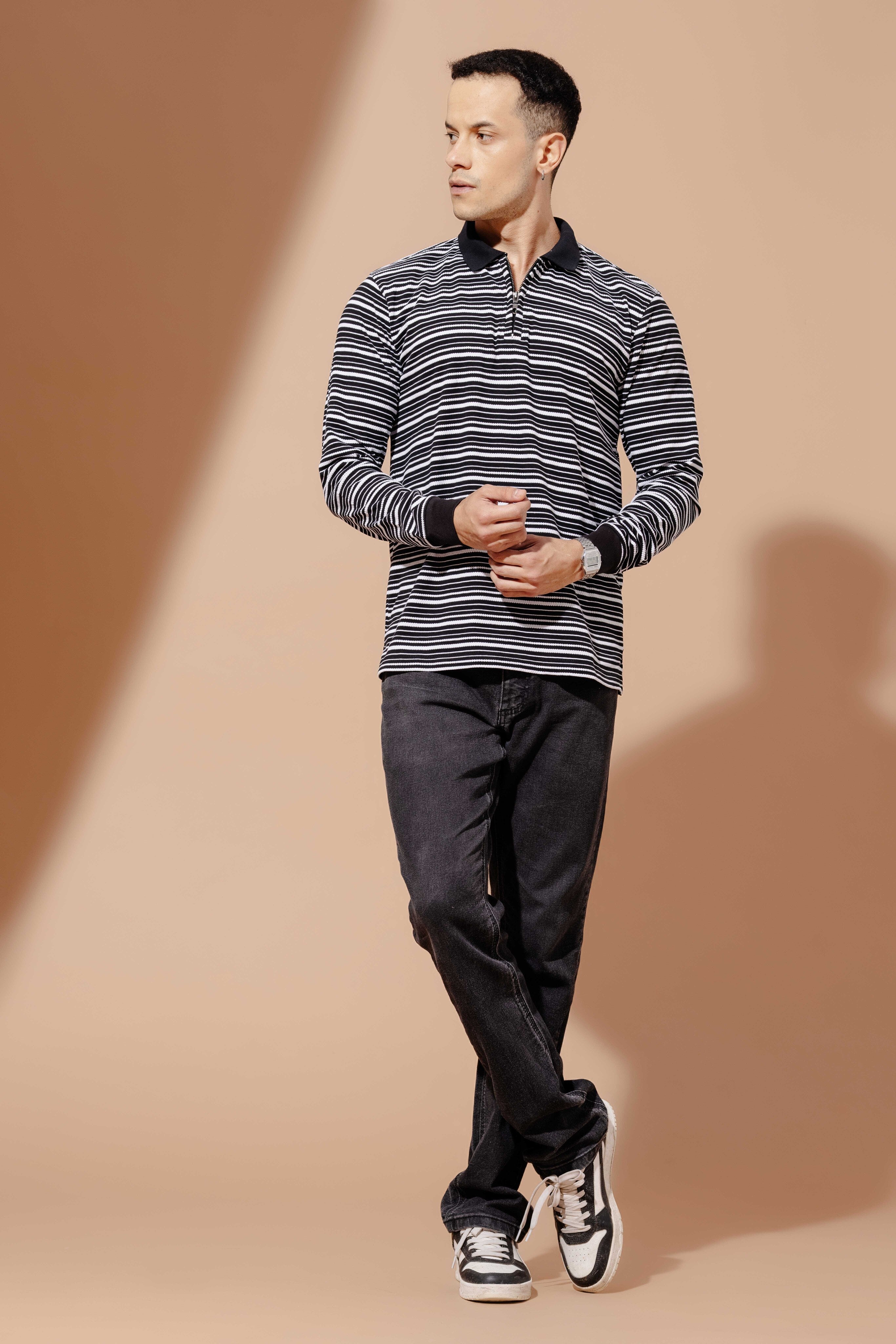 Black Self Design Zipper Collar T-Shirt
