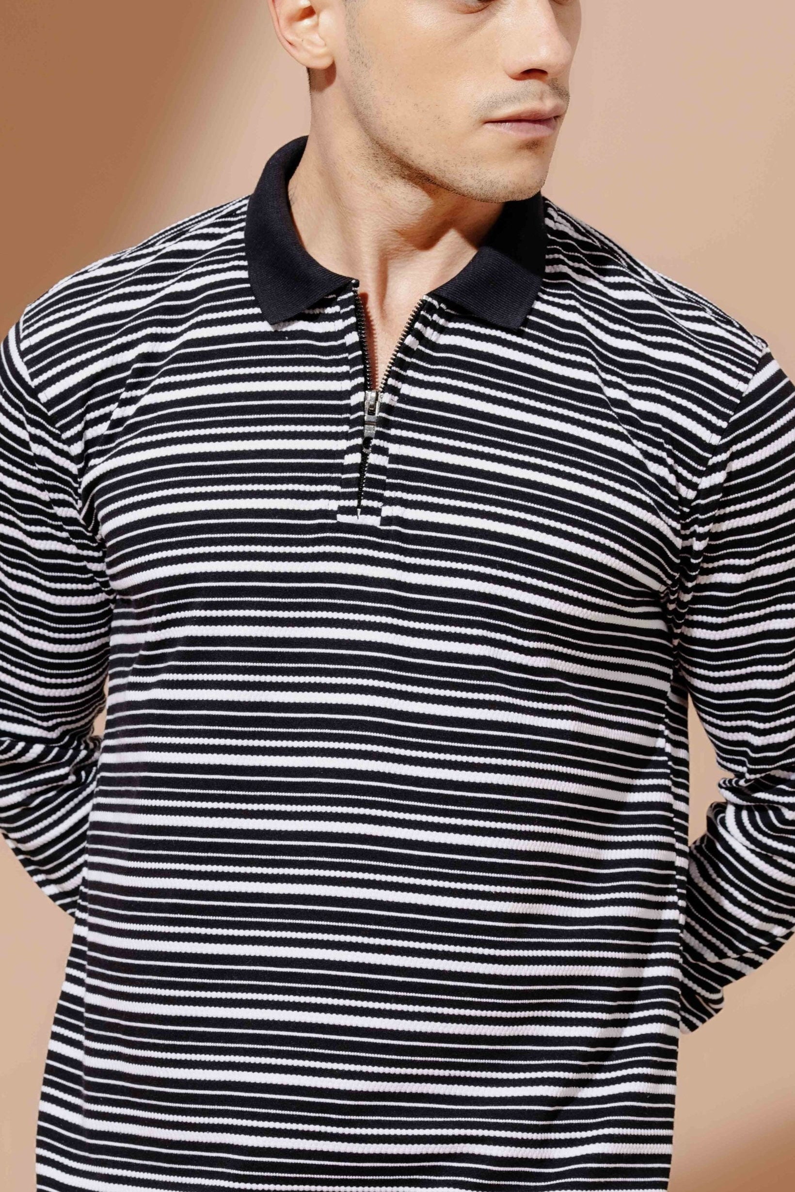 Black Self Design Zipper Collar T-Shirt