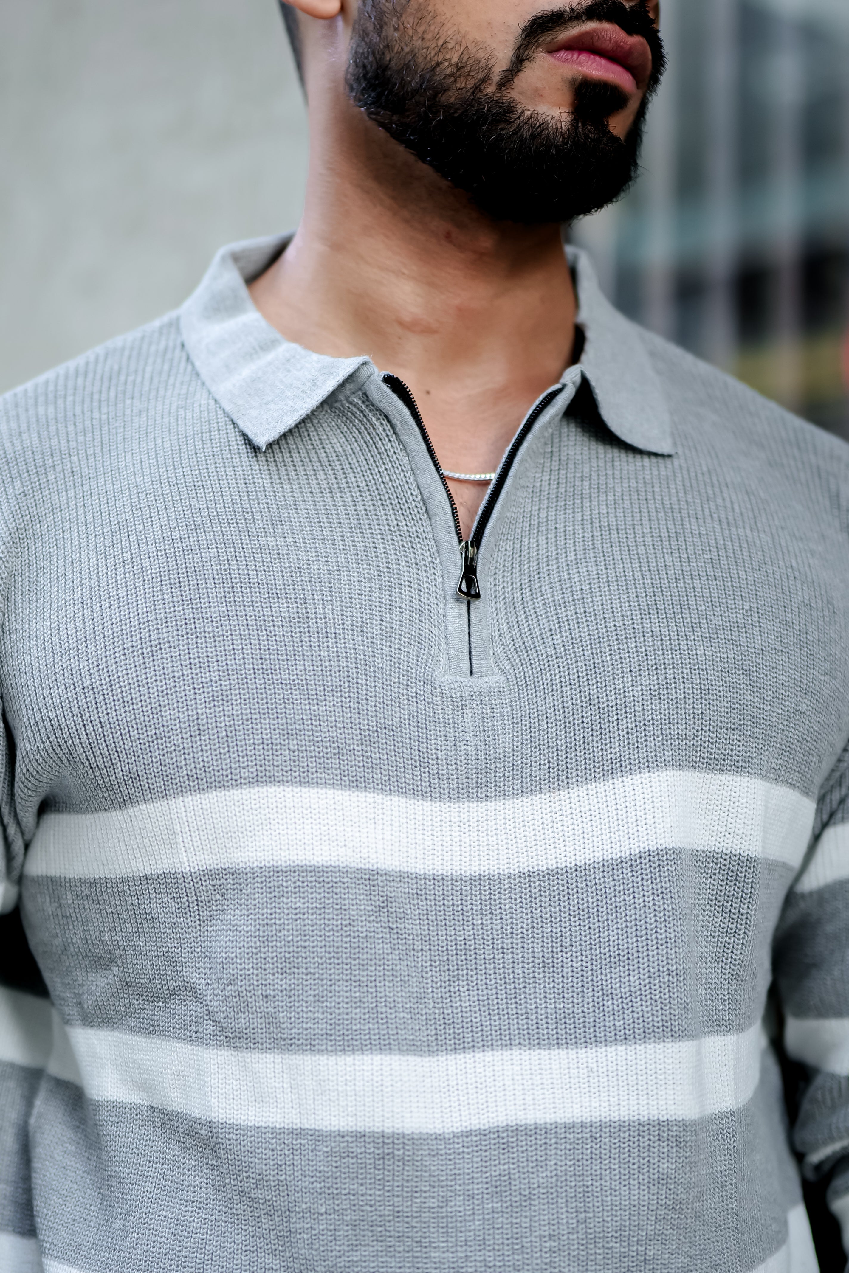 Grey Texture Zipper Pullover