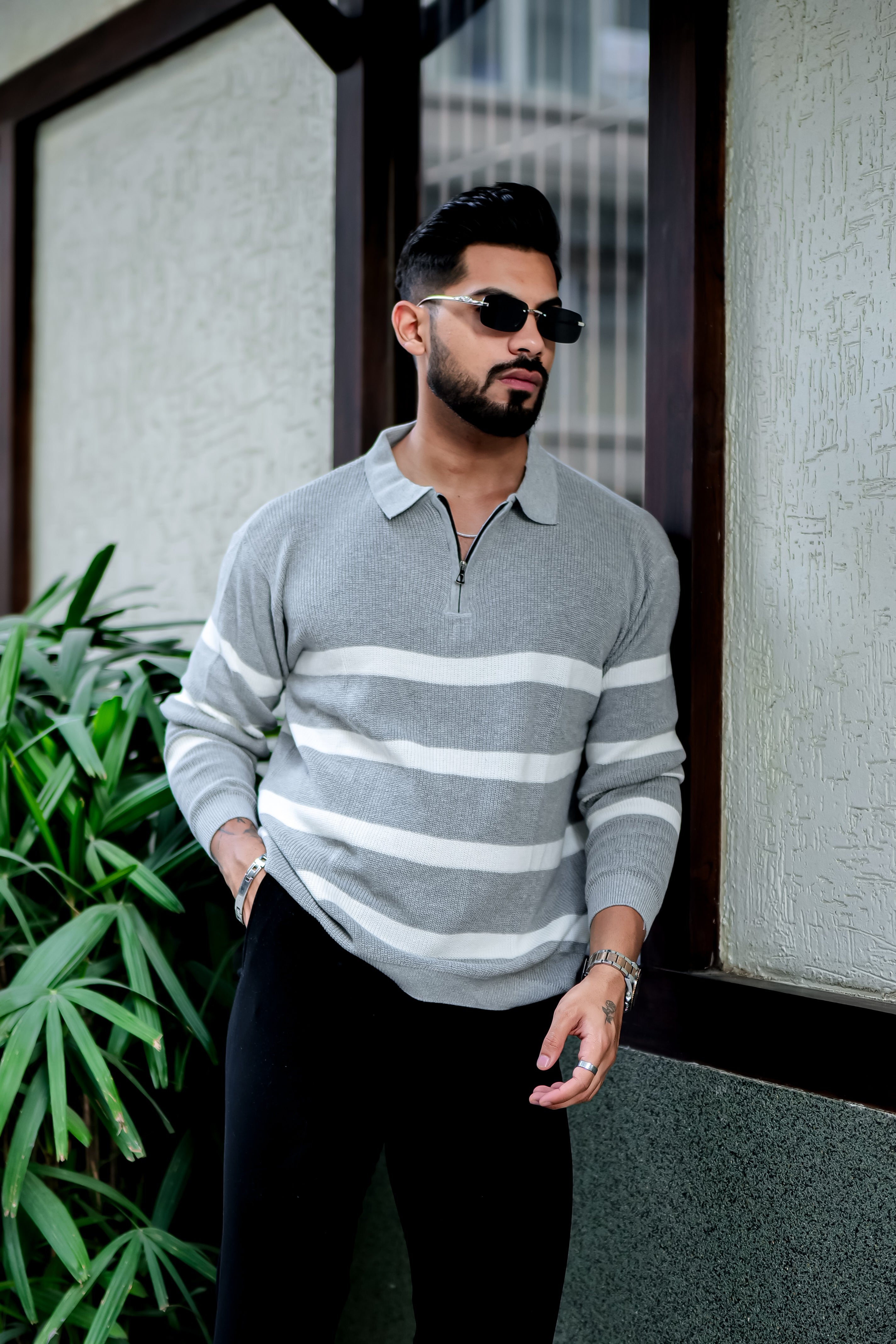 Grey Texture Zipper Pullover