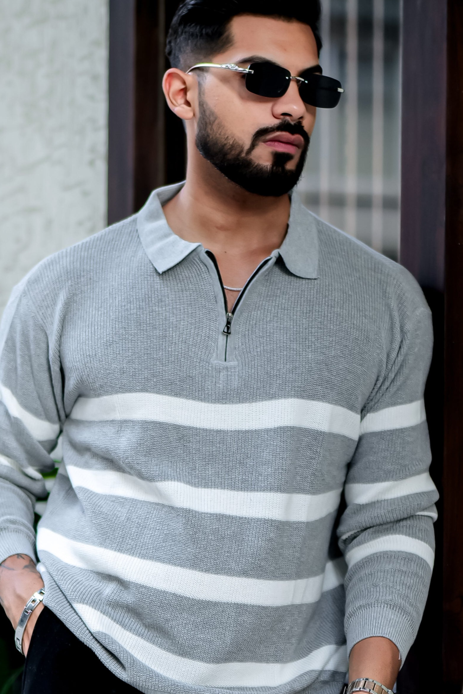 Grey Texture Zipper Pullover