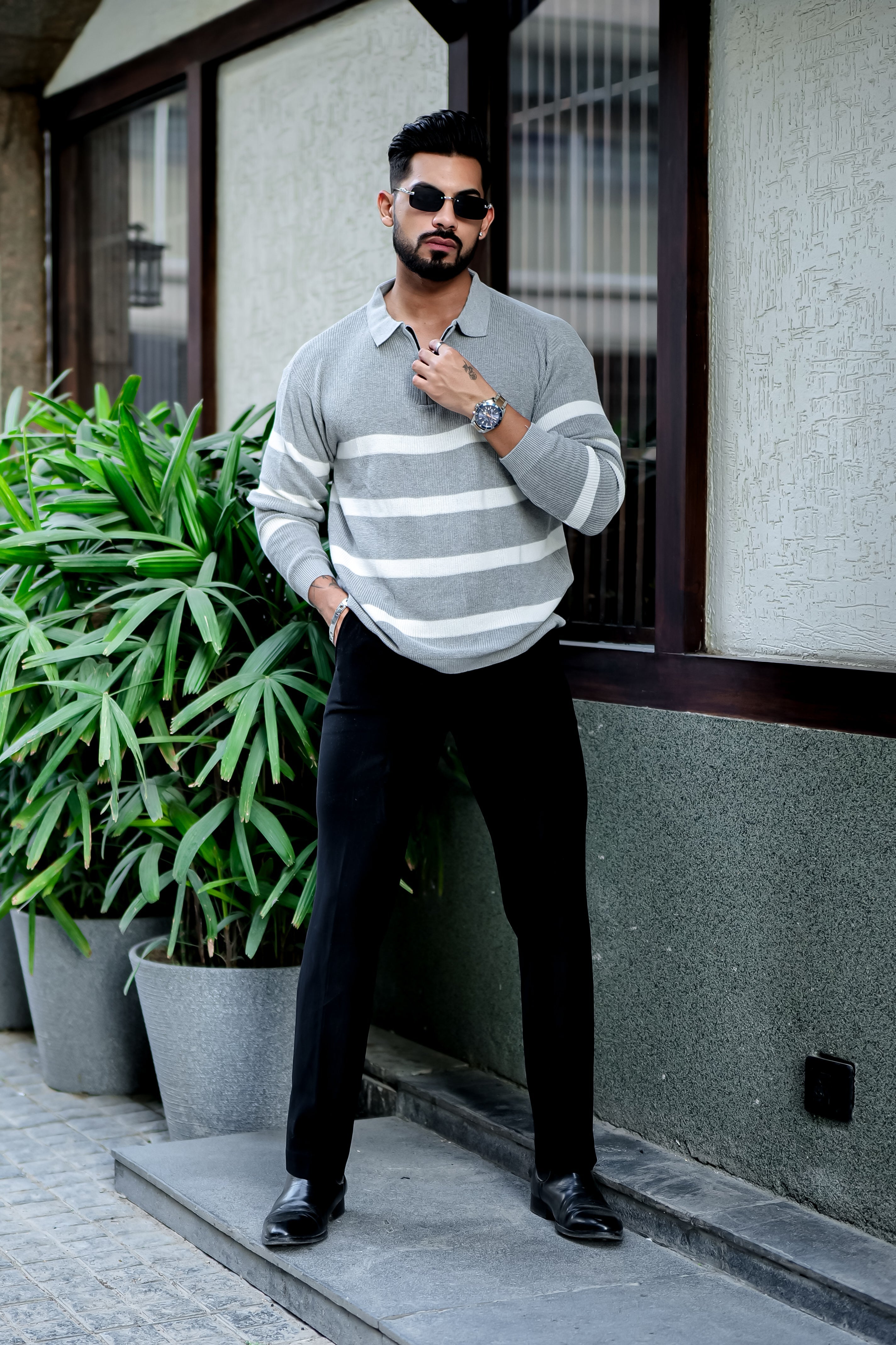 Grey Texture Zipper Pullover