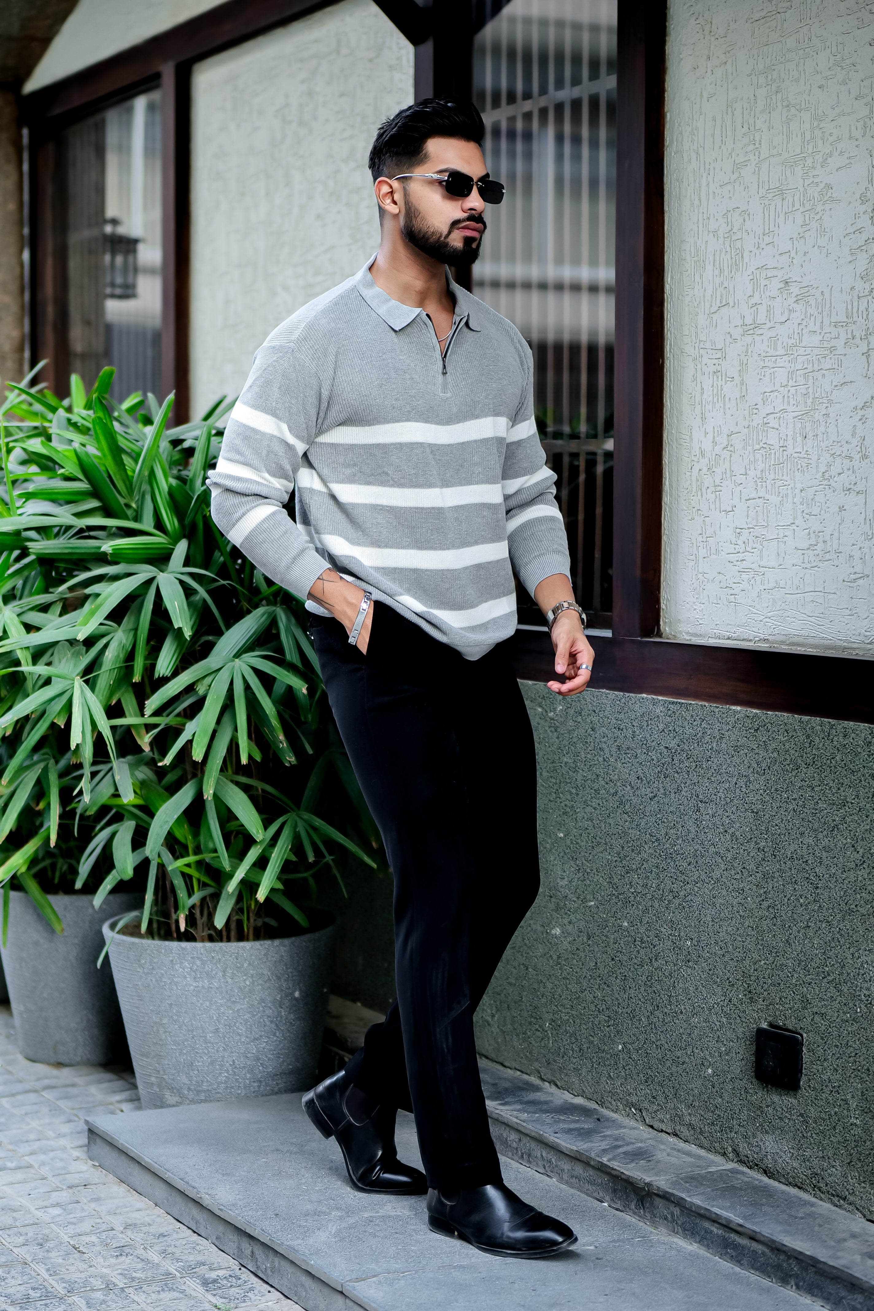 Grey Texture Zipper Pullover