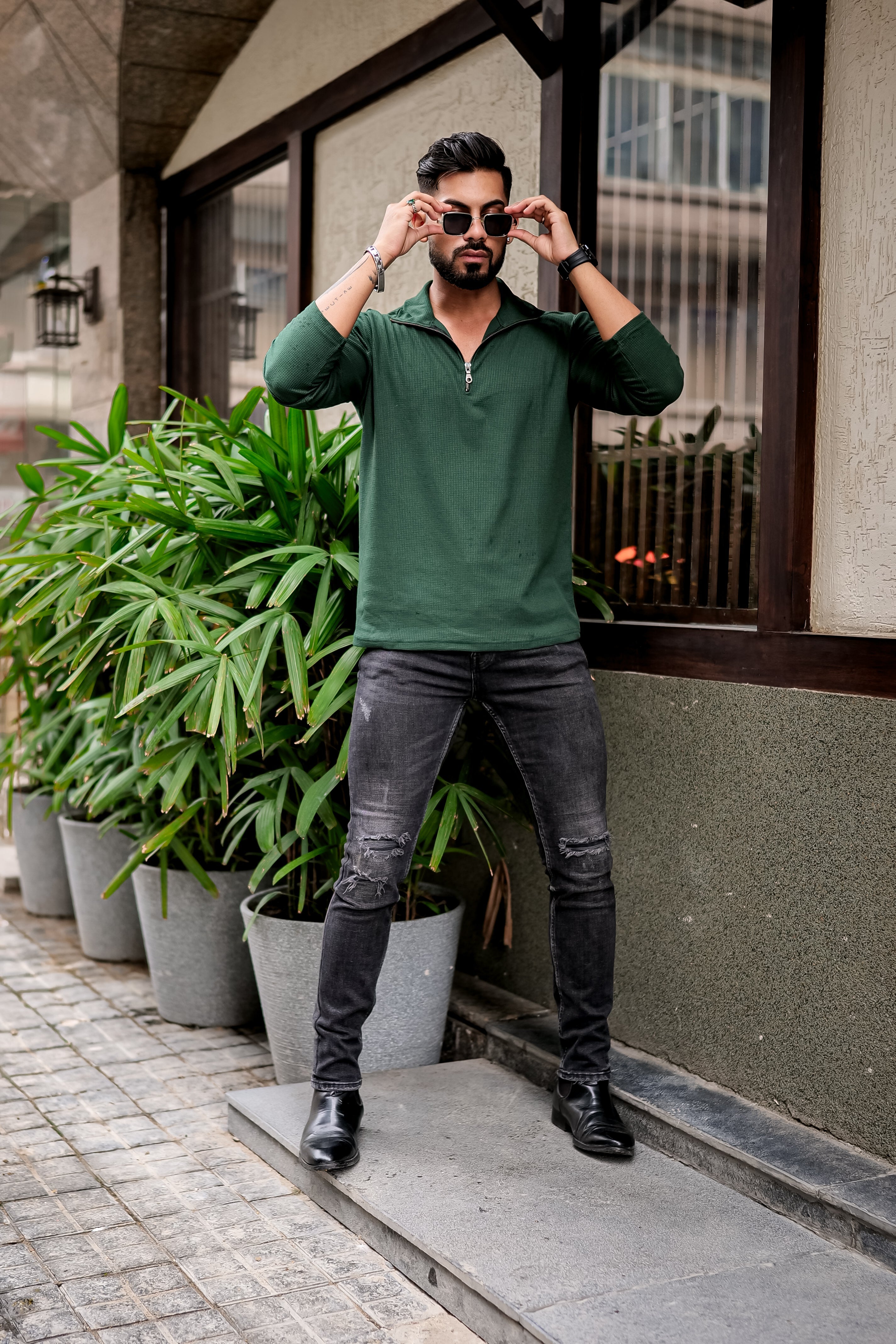 Dark Green Waffle Self Design Zipper T-Shirt