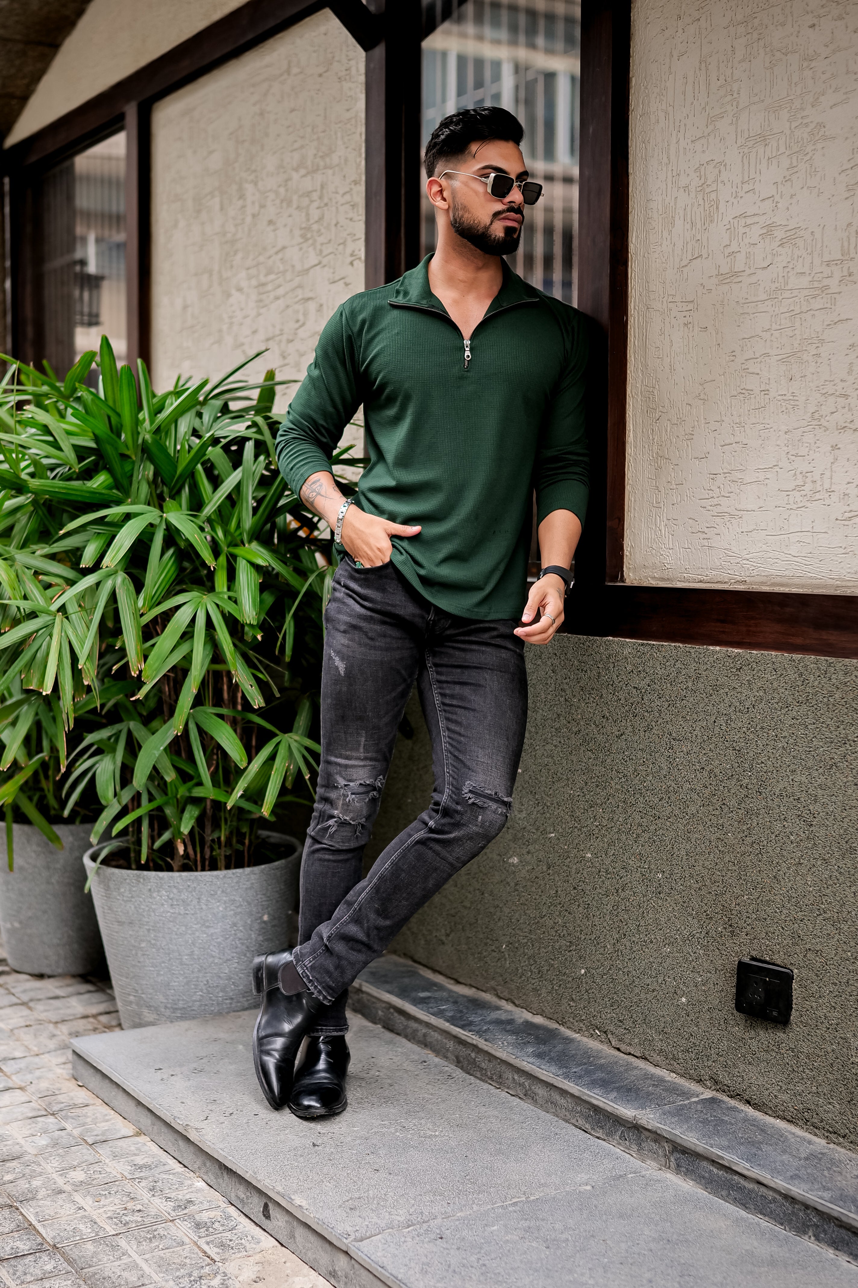 Dark Green Waffle Self Design Zipper T-Shirt
