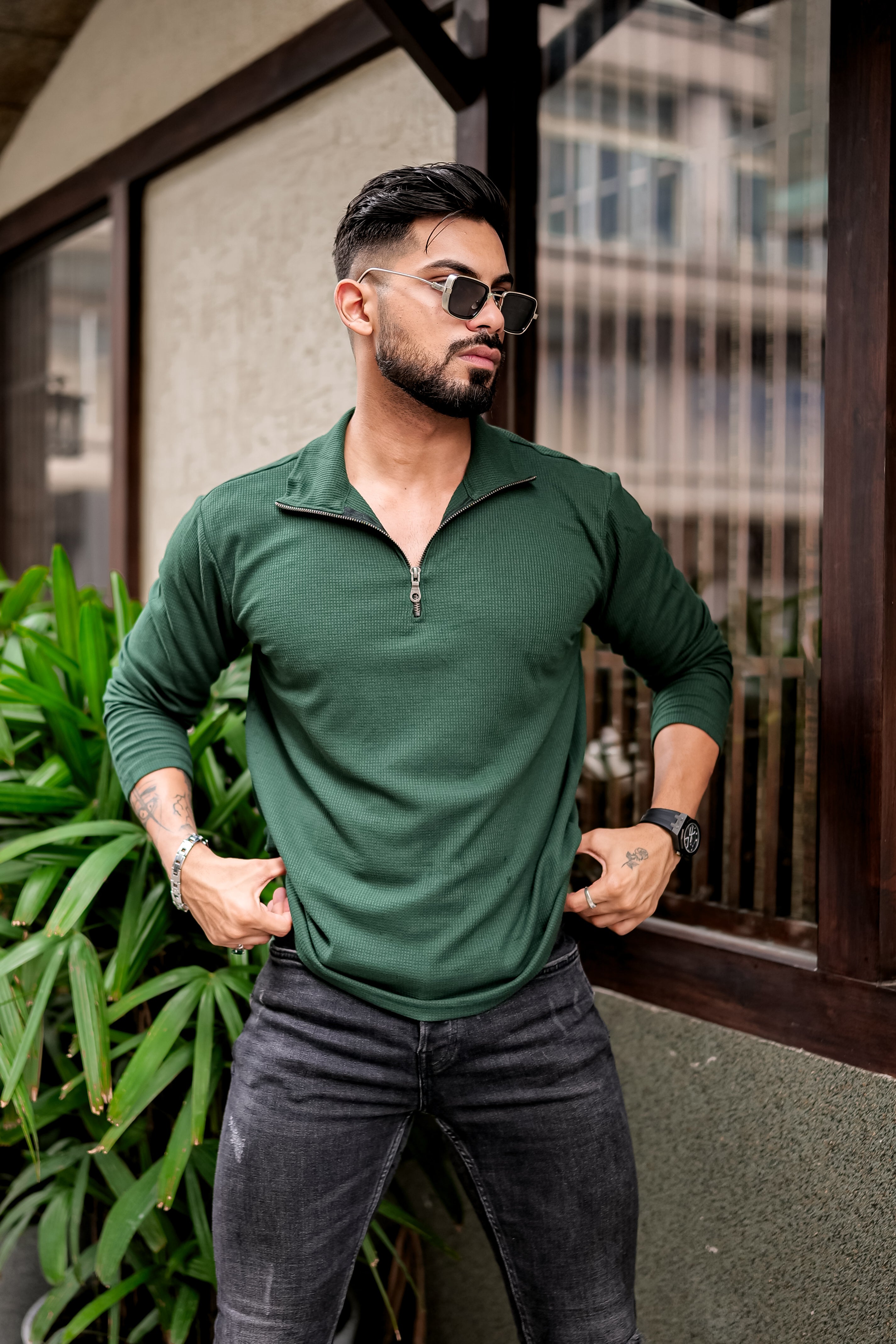 Dark Green Waffle Self Design Zipper T-Shirt