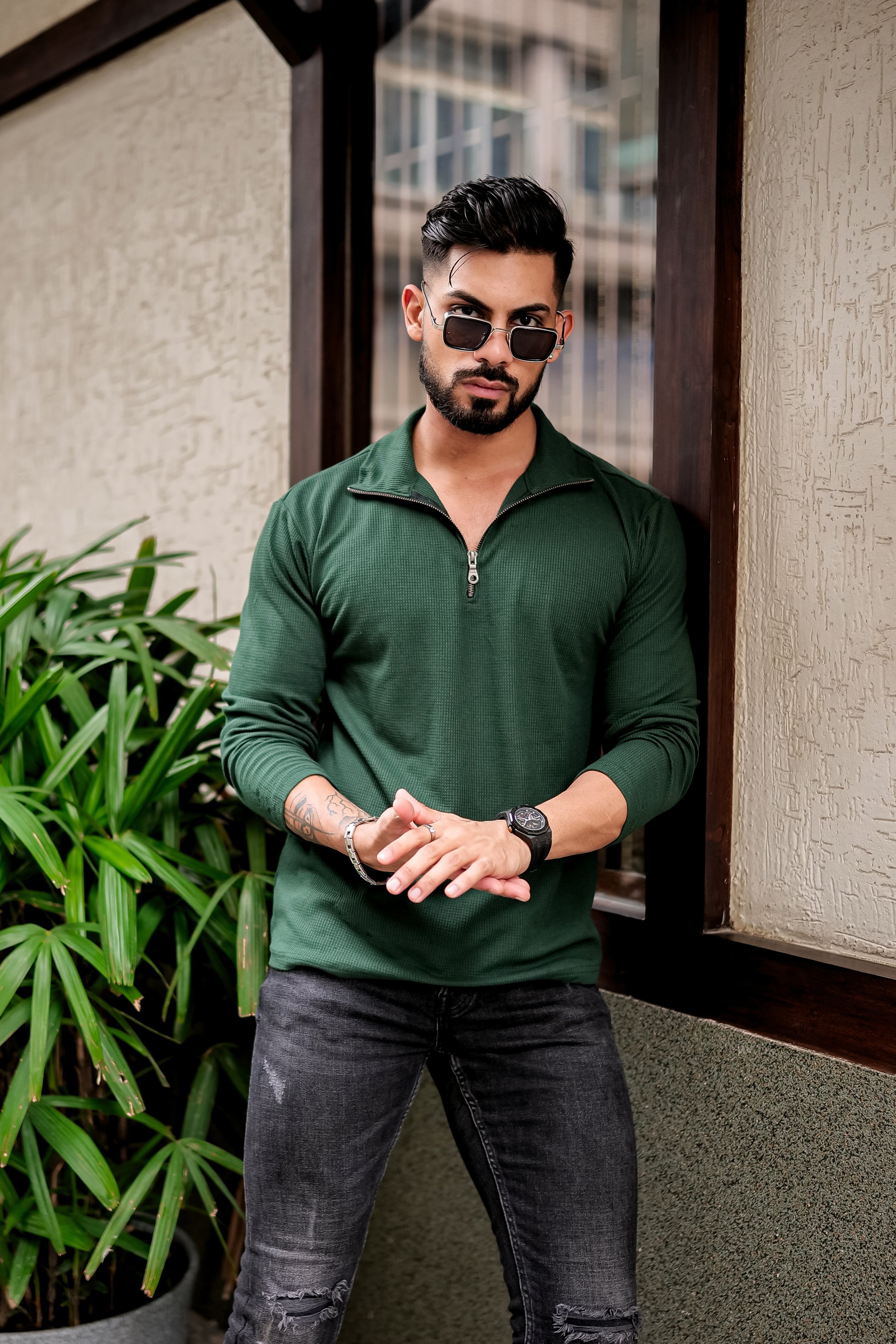 Dark Green Waffle Self Design Zipper T-Shirt