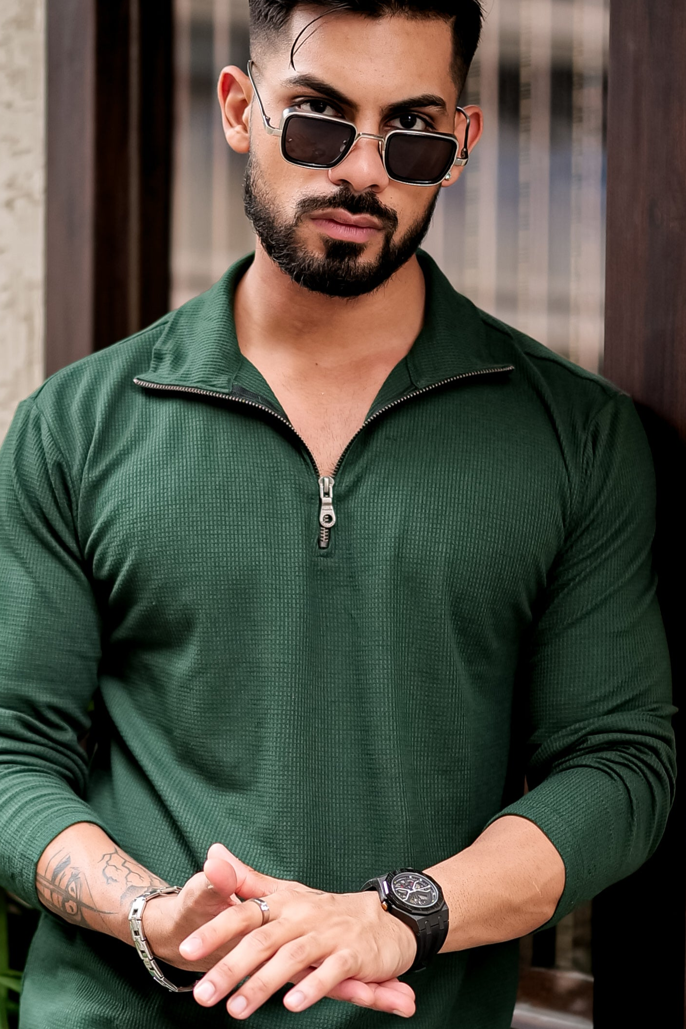 Dark Green Waffle Self Design Zipper T-Shirt