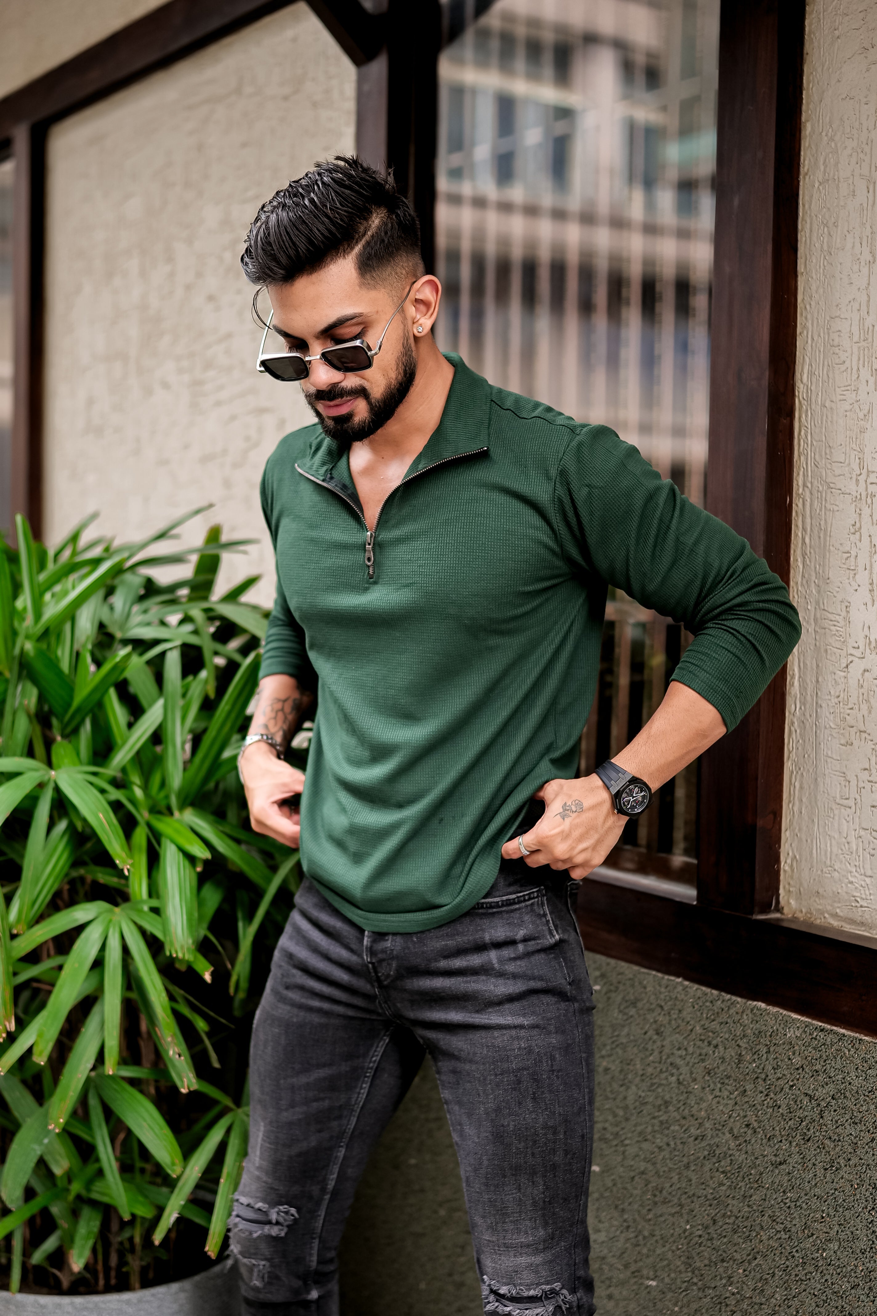 Dark Green Waffle Self Design Zipper T-Shirt