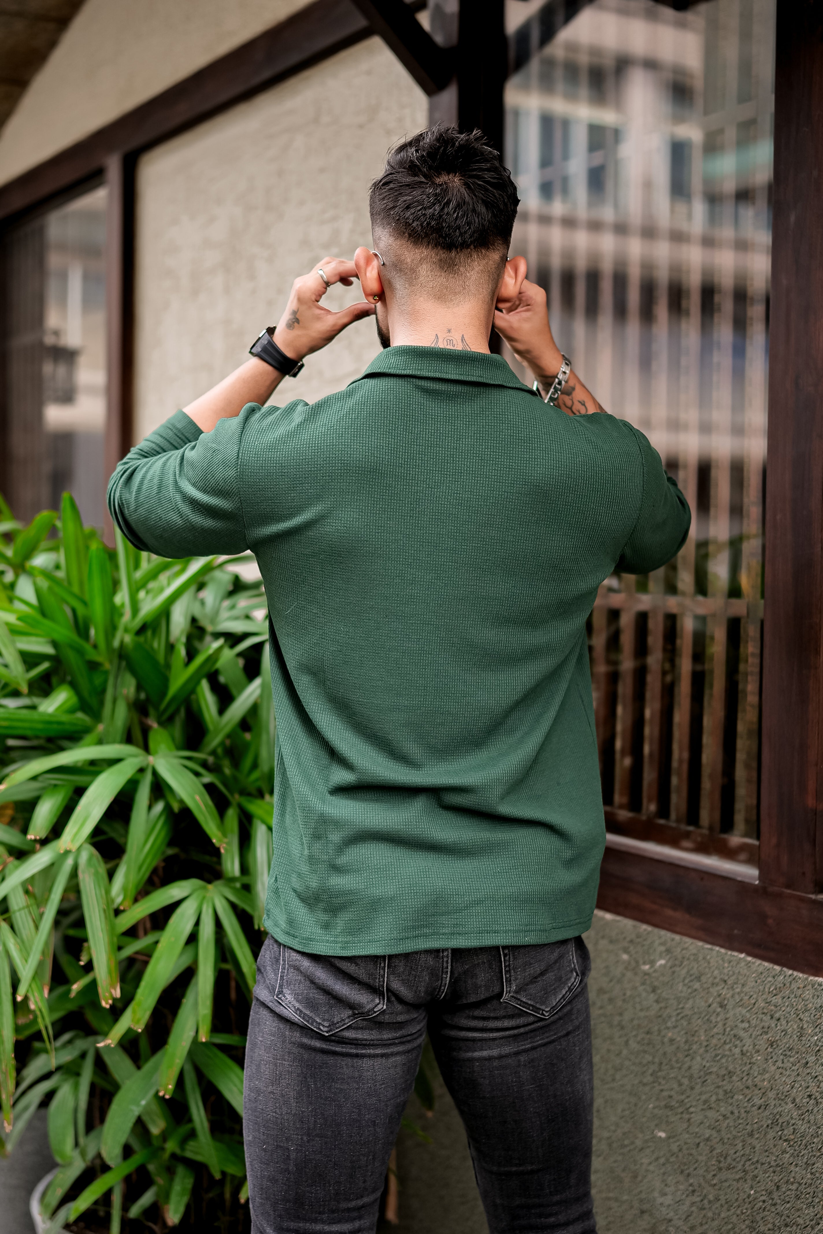 Dark Green Waffle Self Design Zipper T-Shirt
