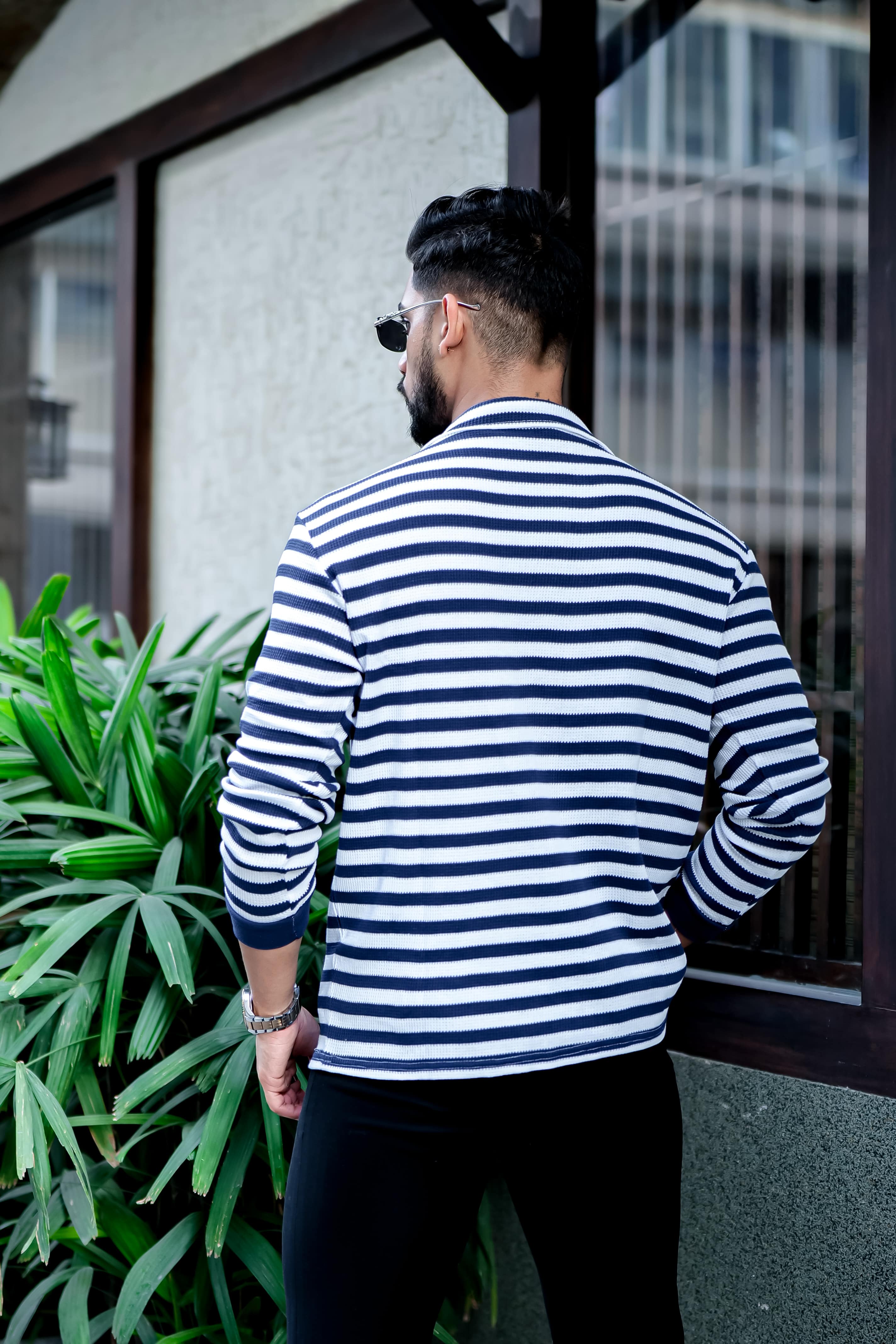 Navy Stripe Waffle Zipper T-Shirt
