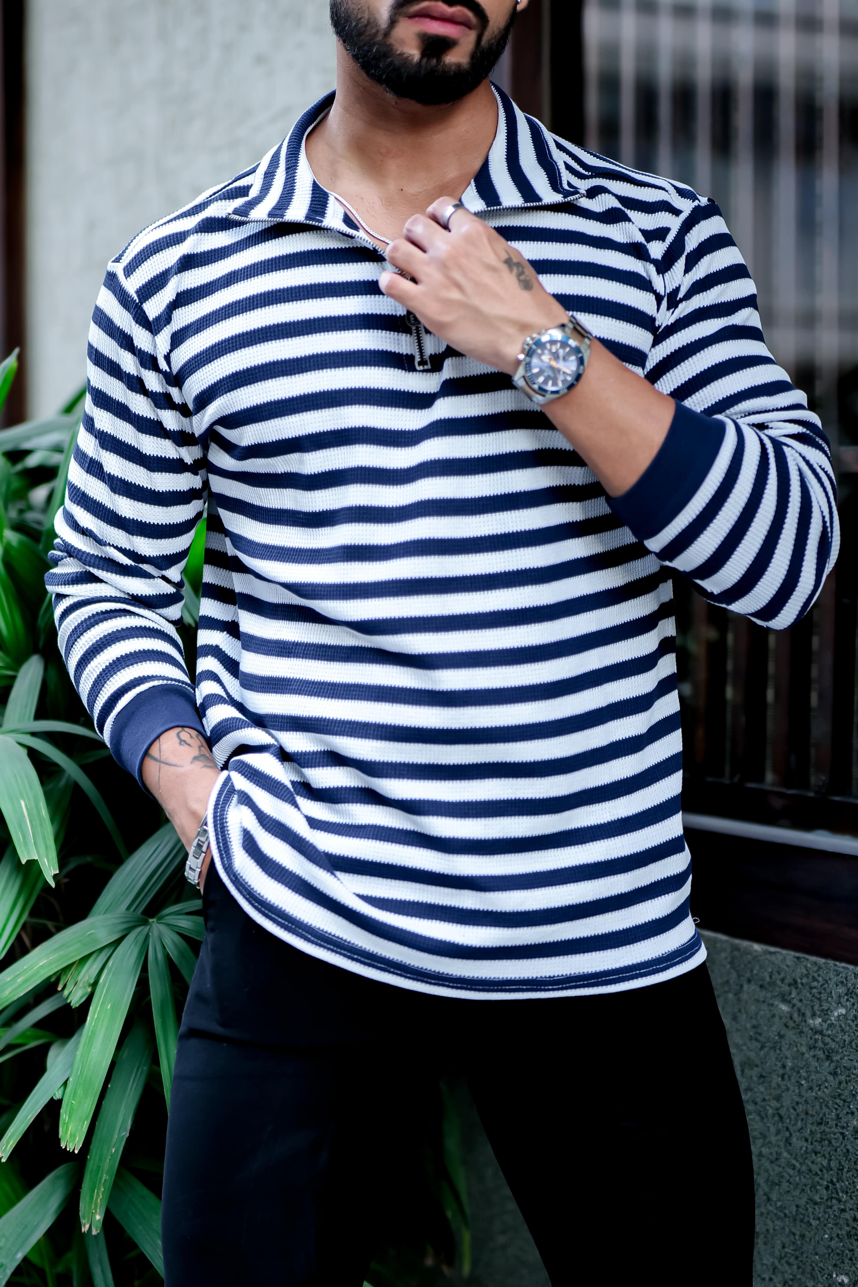 Navy Stripe Waffle Zipper T-Shirt