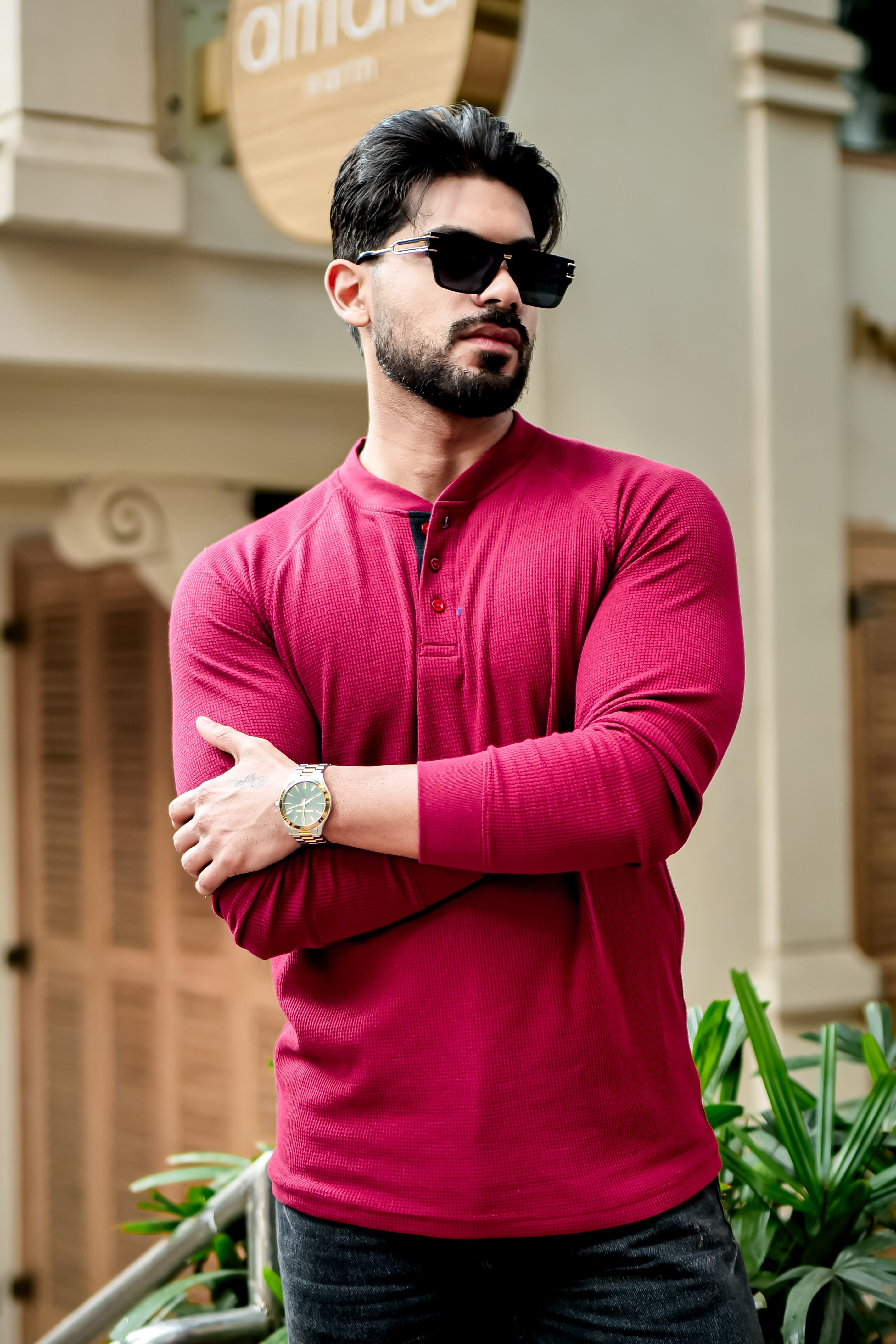 Maroon Contrast Placket Waffle Henley T-Shirt