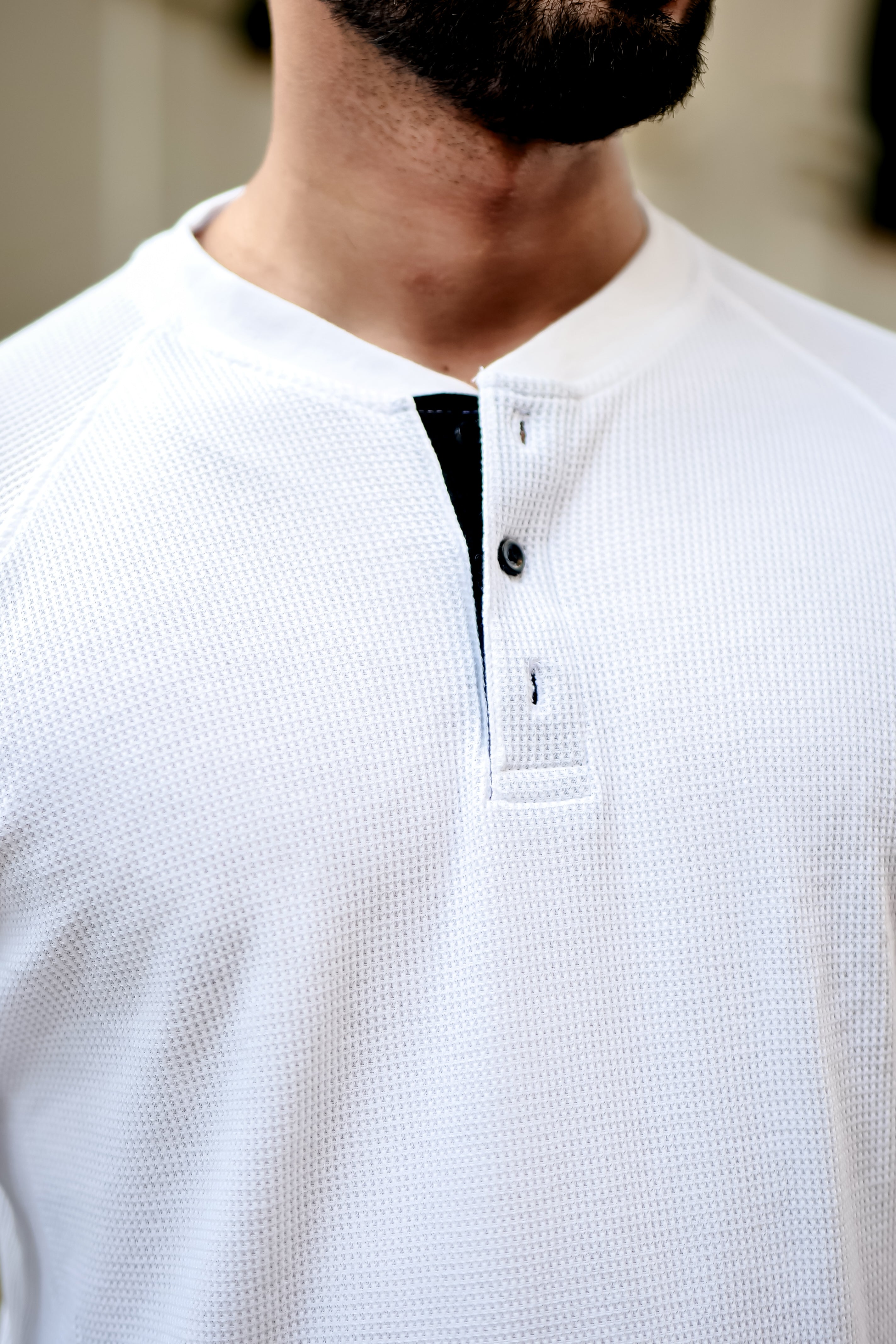 White Contrast Placket Waffle Henley T-Shirt