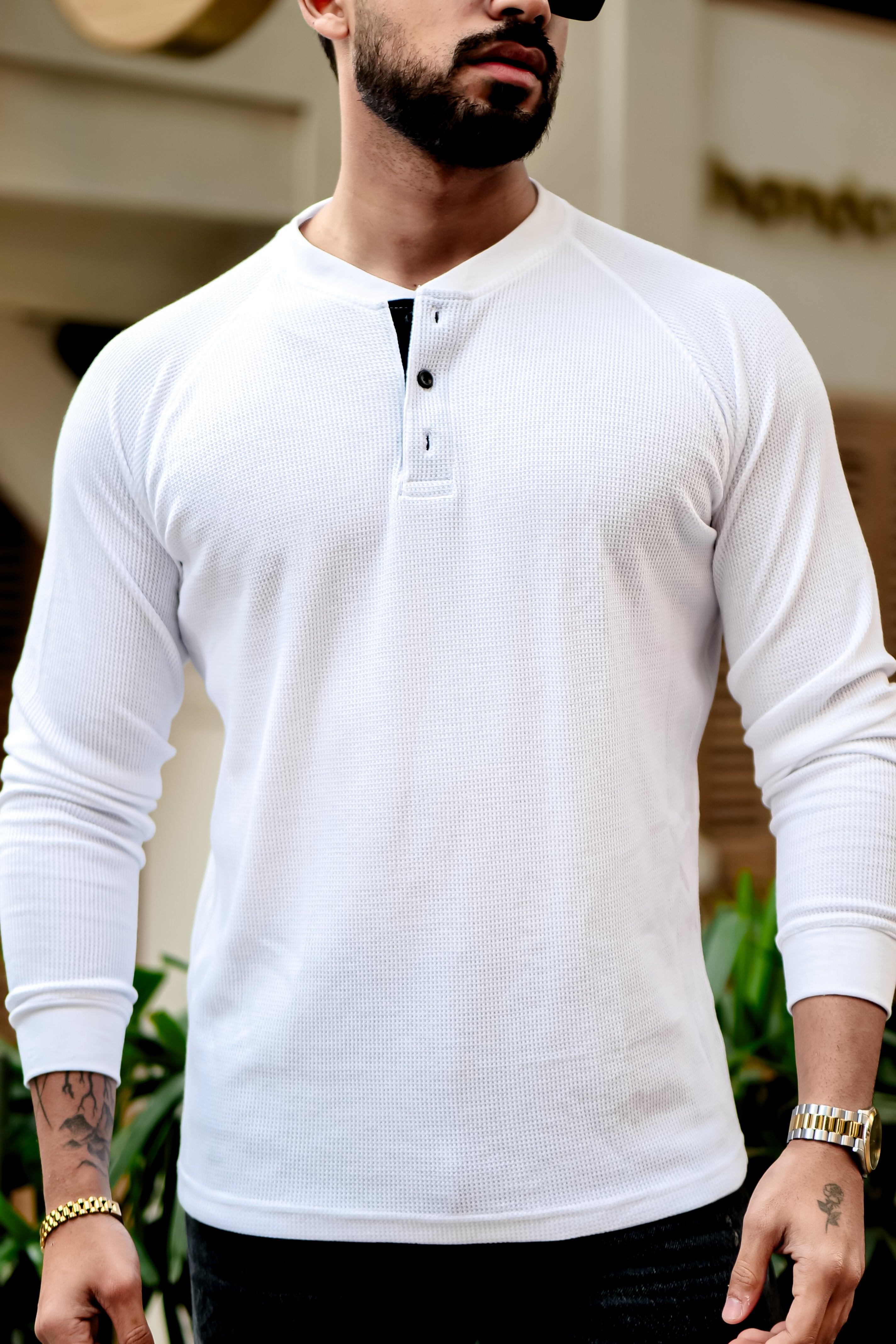 White Contrast Placket Waffle Henley T-Shirt