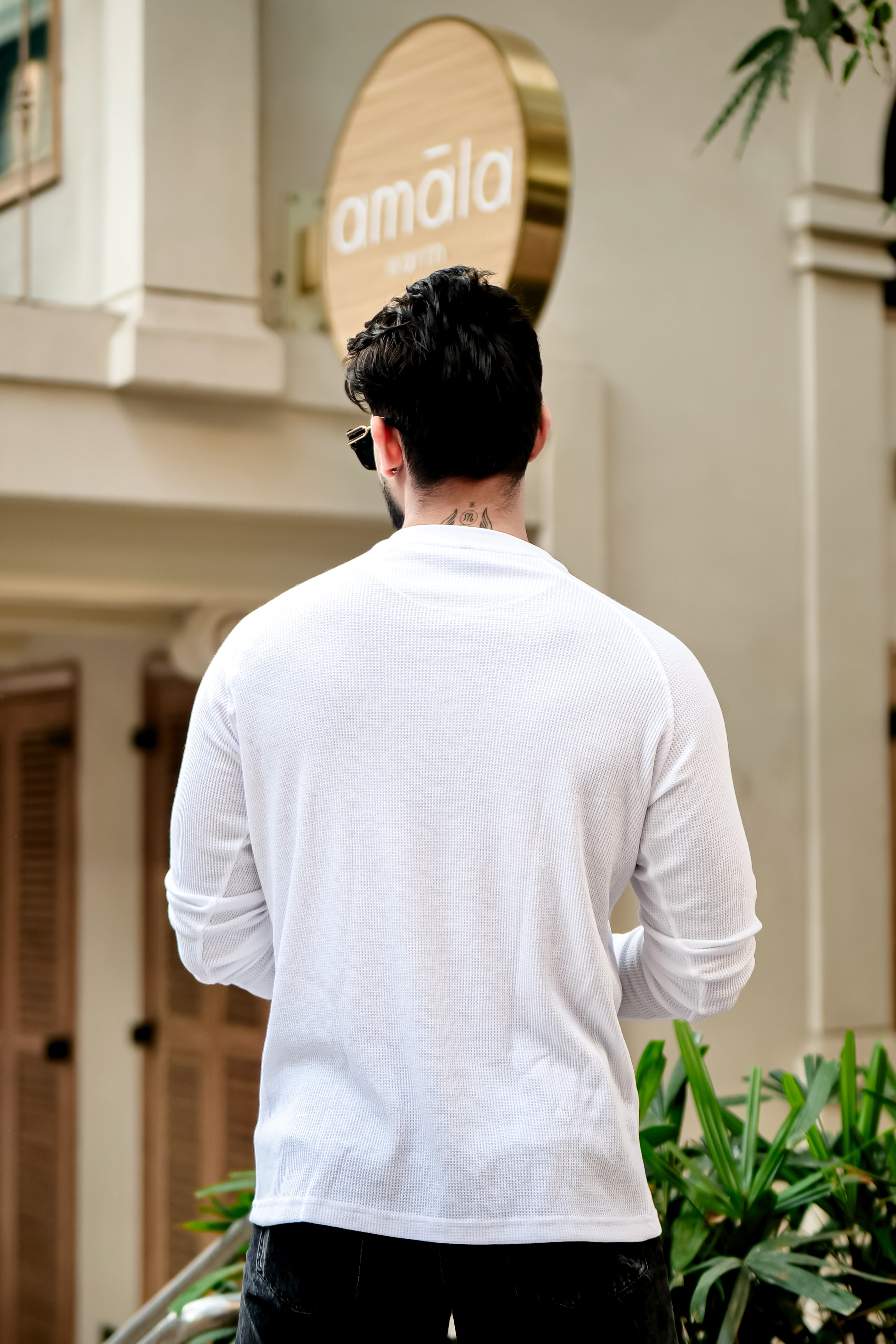 White Contrast Placket Waffle Henley T-Shirt