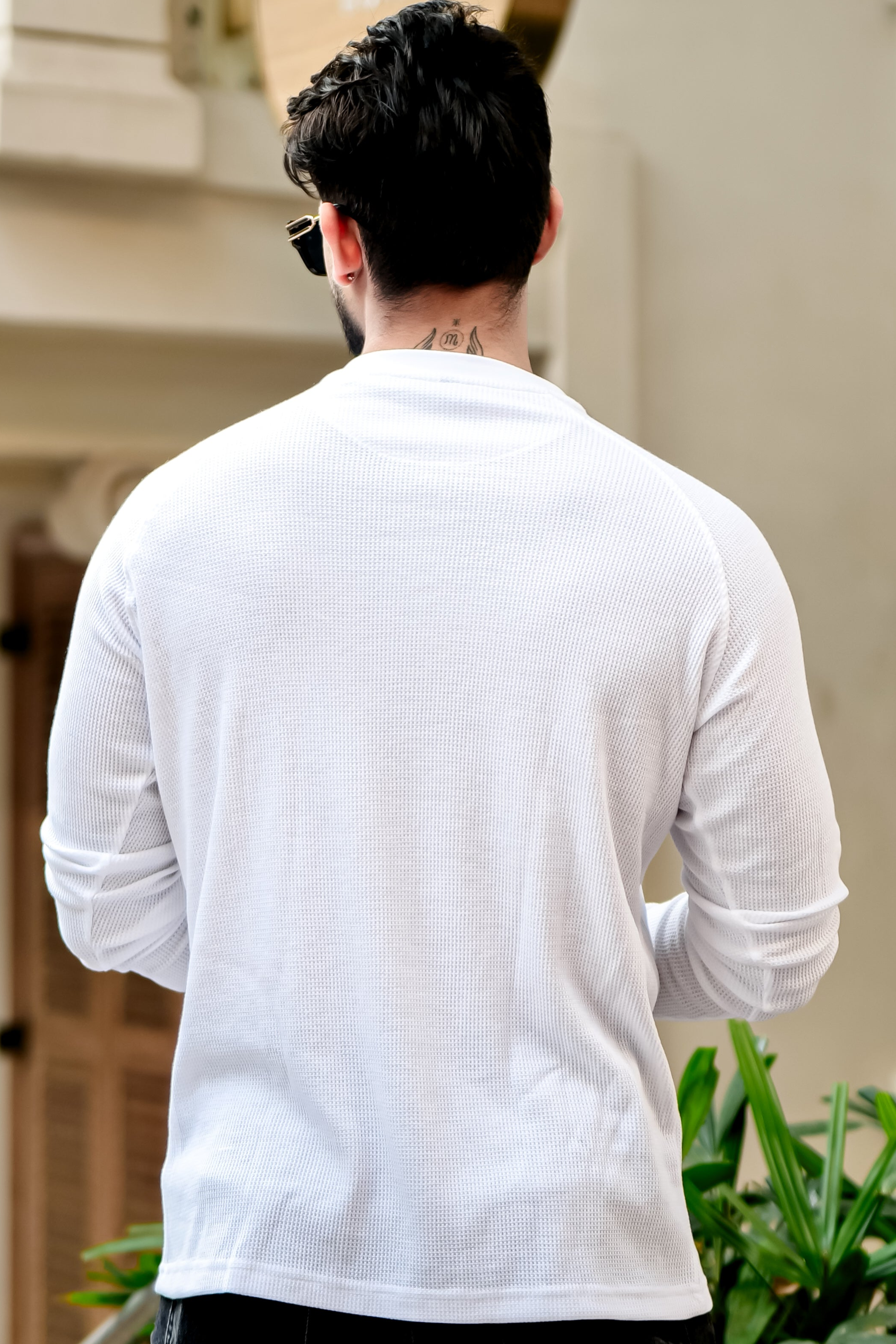 White Contrast Placket Waffle Henley T-Shirt