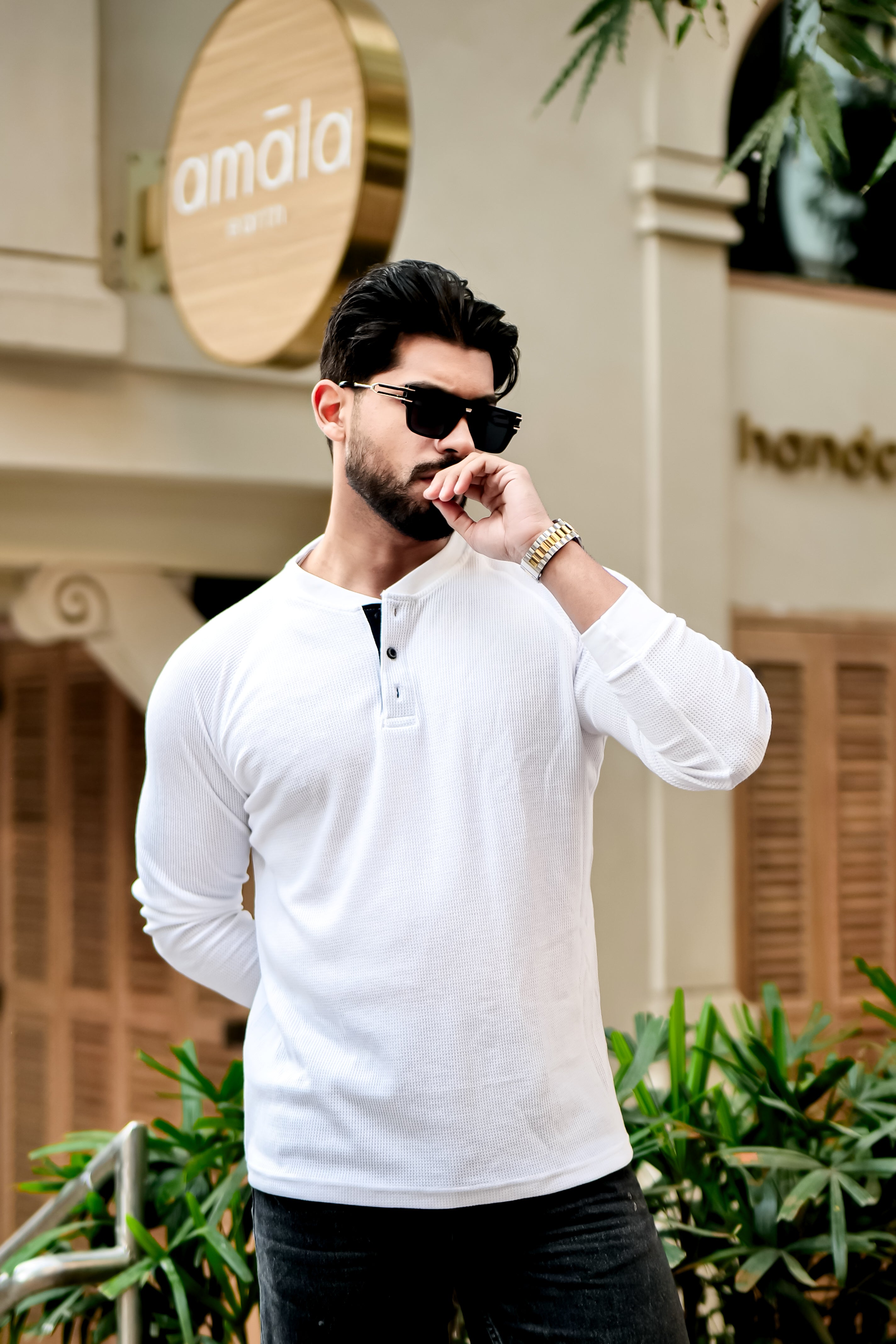 White Contrast Placket Waffle Henley T-Shirt