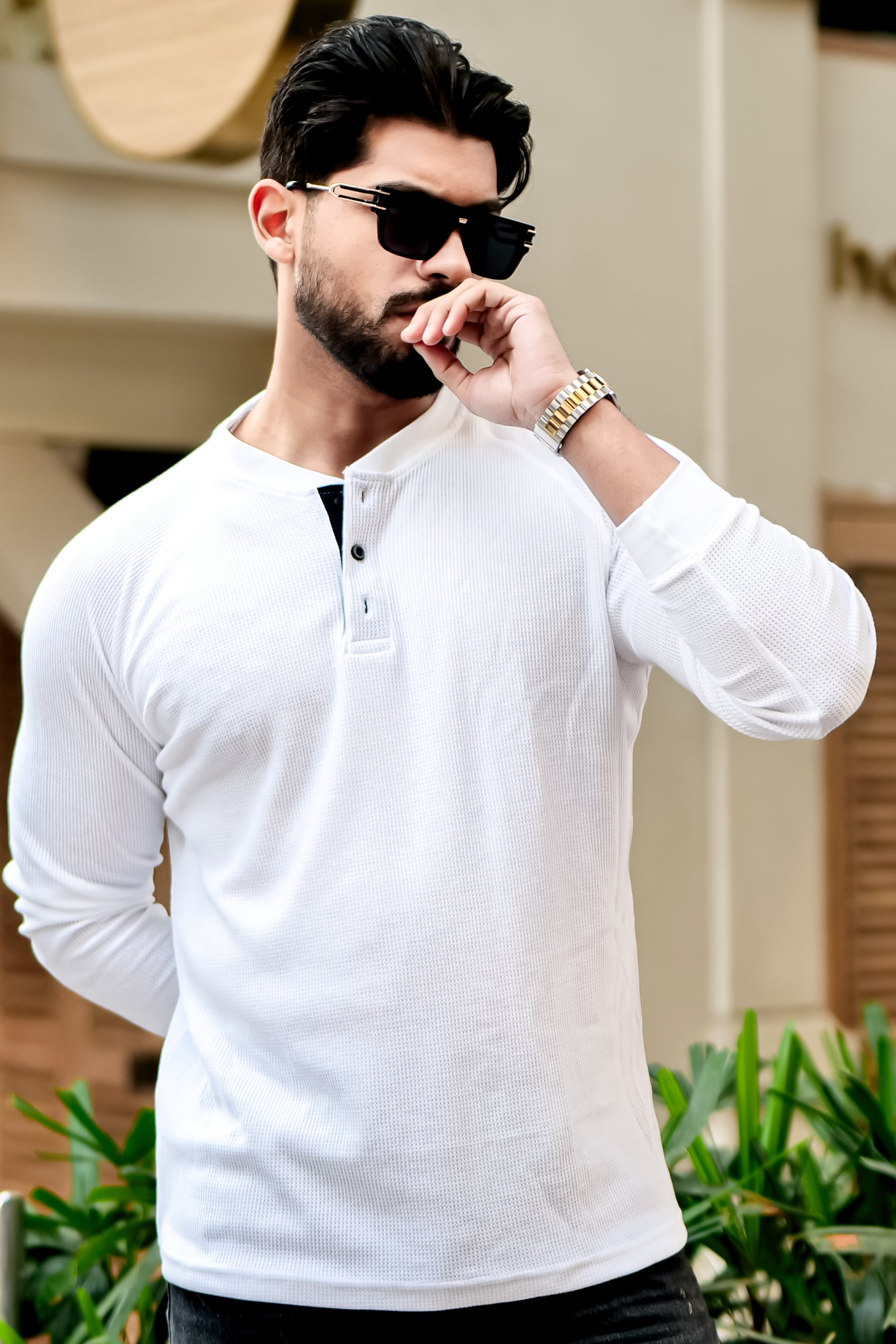White Contrast Placket Waffle Henley T-Shirt