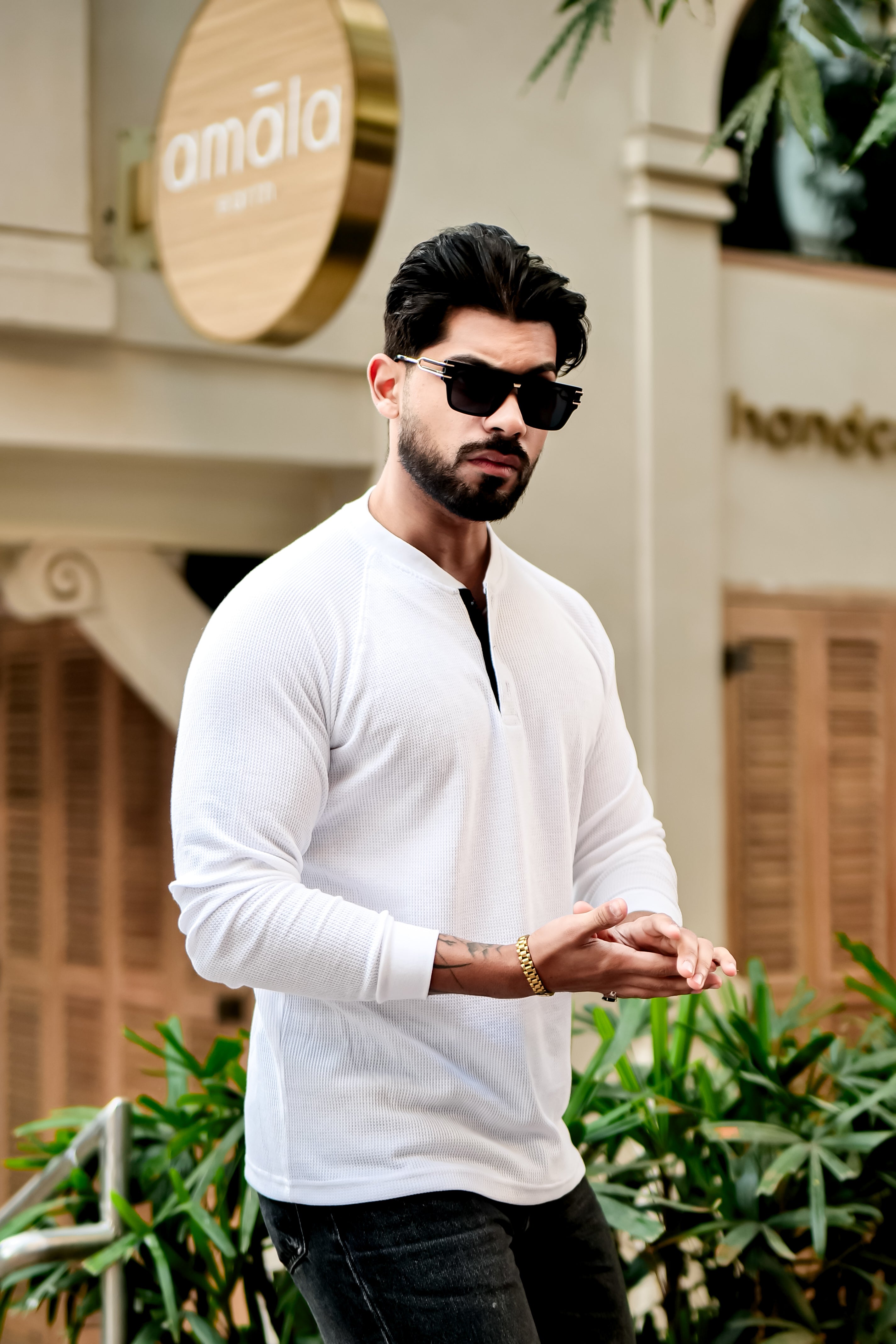 White Contrast Placket Waffle Henley T-Shirt