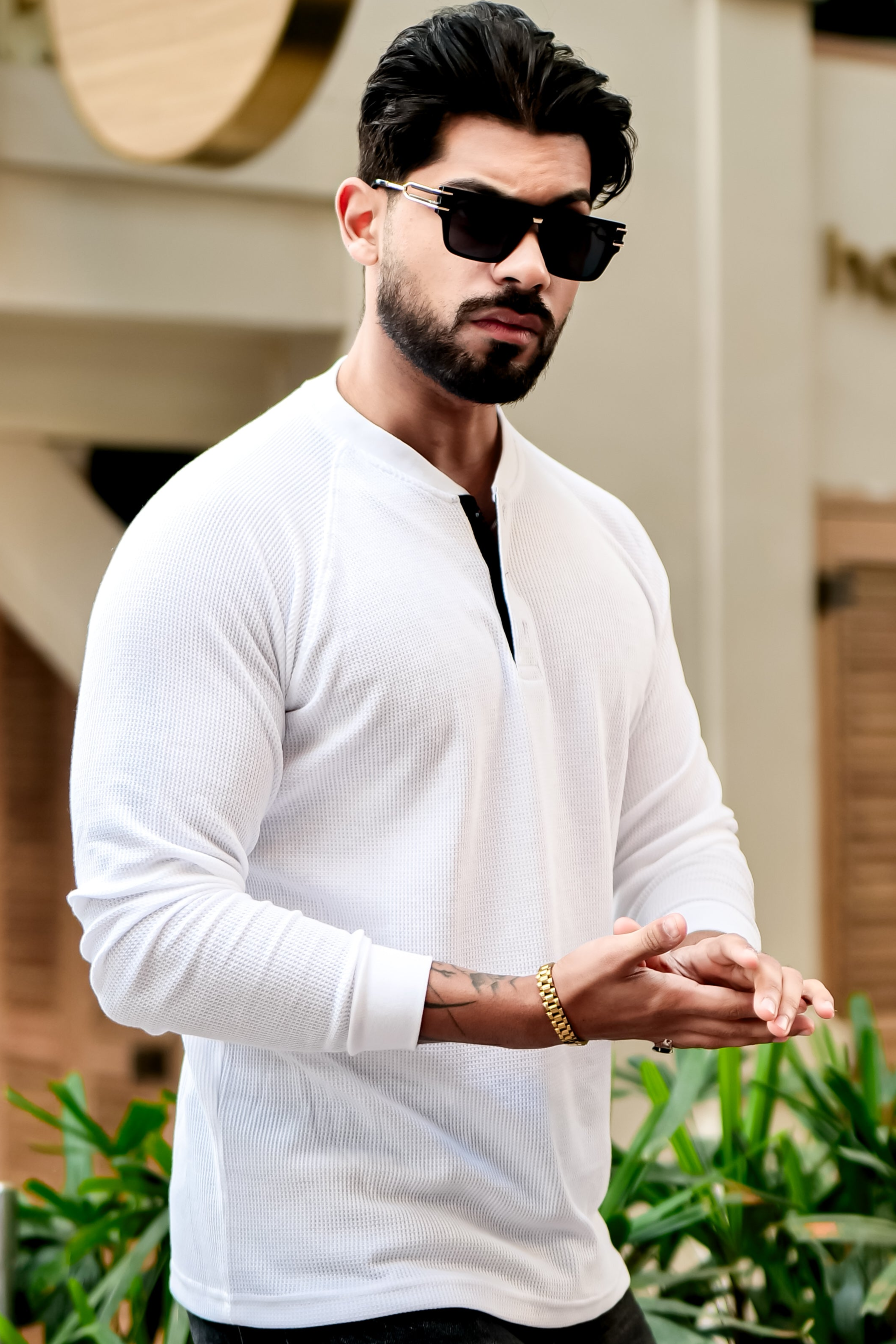 White Contrast Placket Waffle Henley T-Shirt