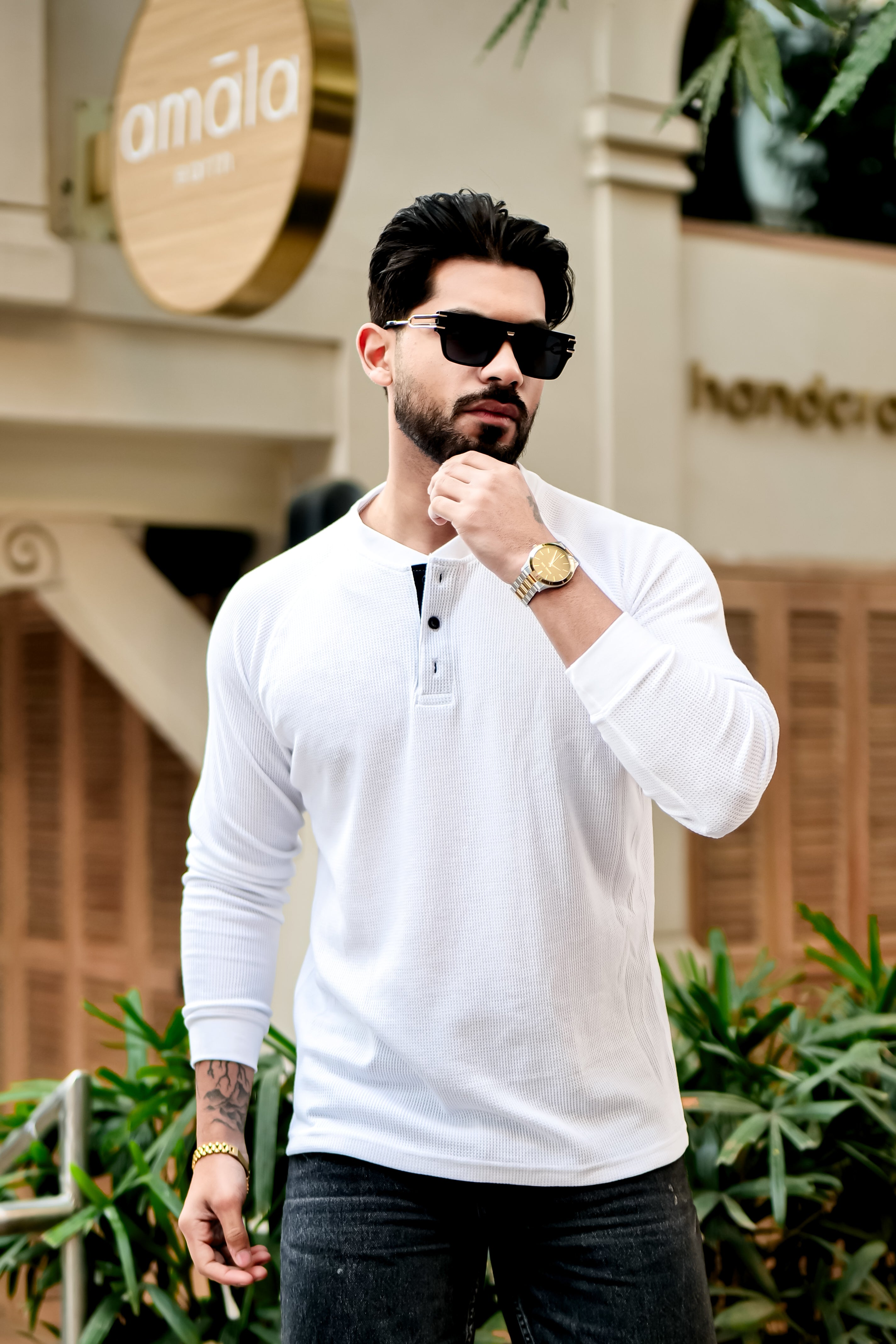 White Contrast Placket Waffle Henley T-Shirt