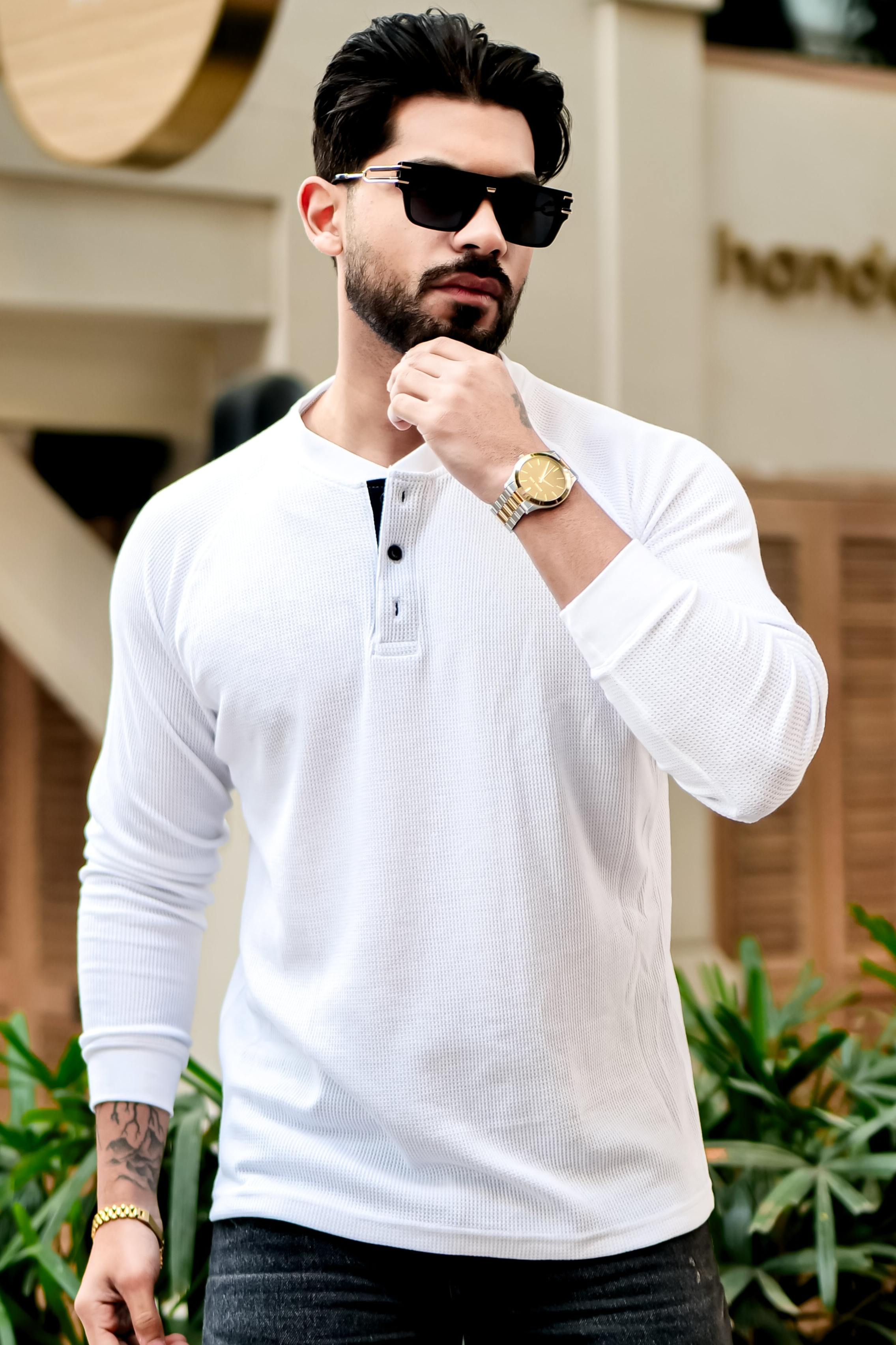 White Contrast Placket Waffle Henley T-Shirt