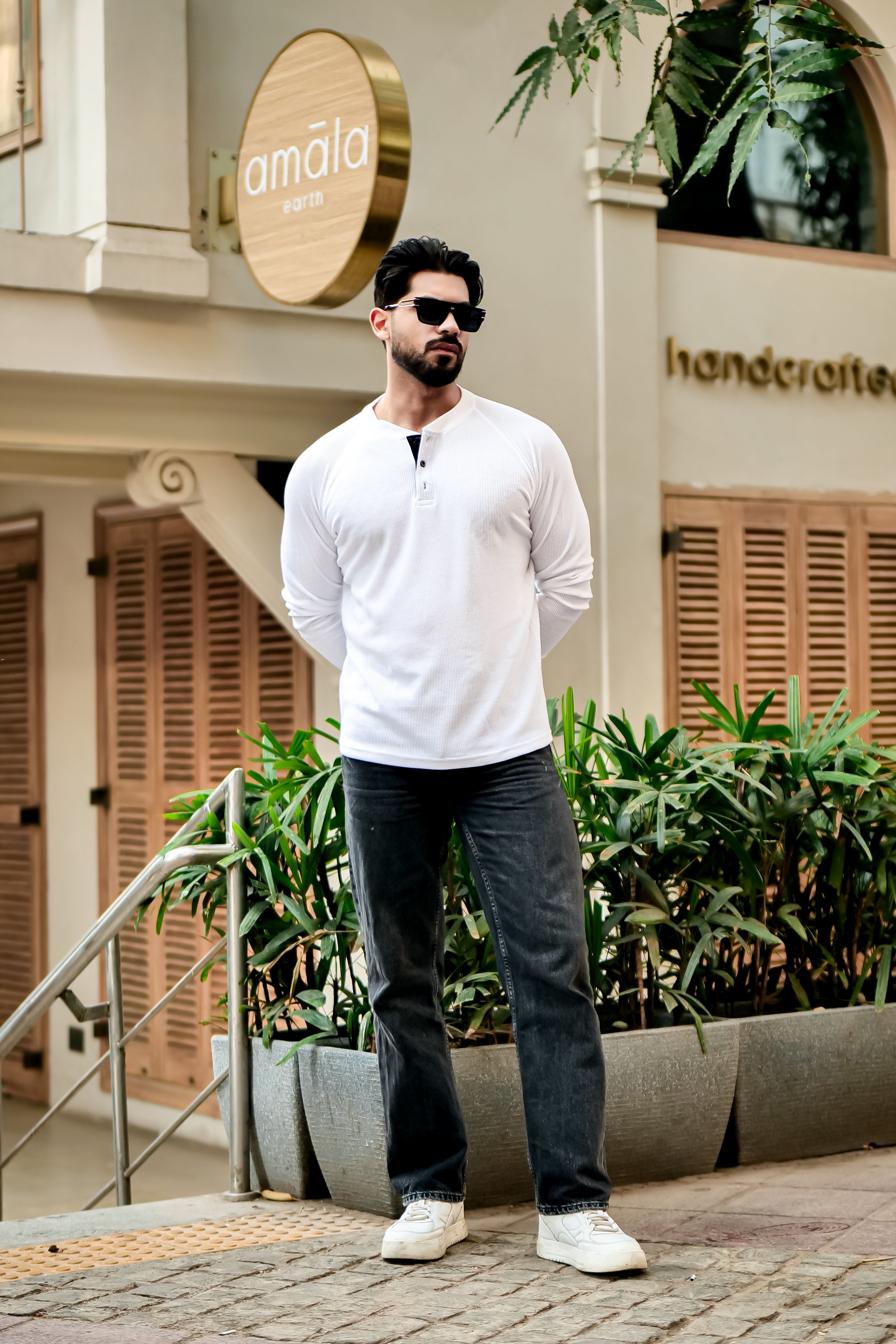 White Contrast Placket Waffle Henley T-Shirt