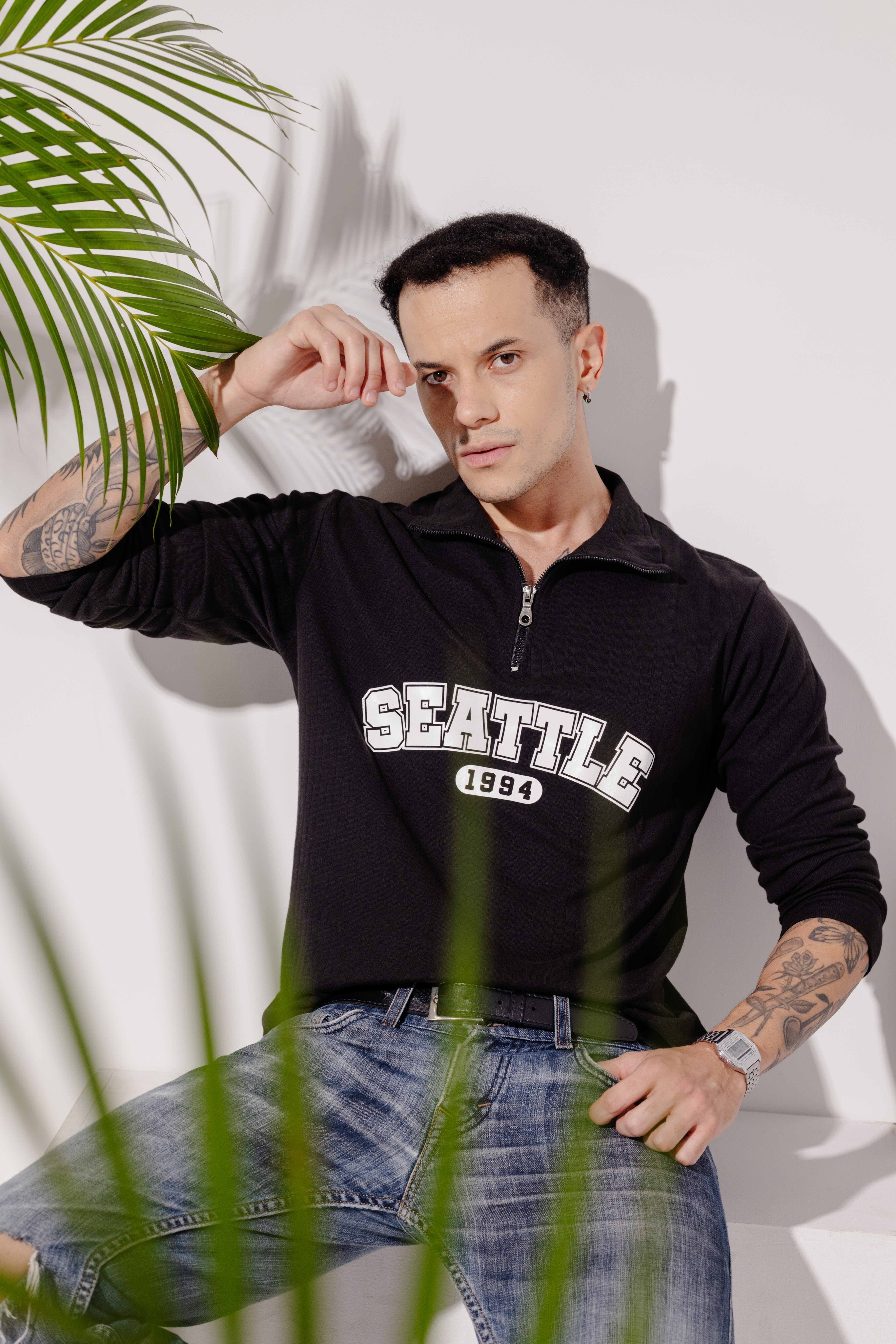 Black Self Deisgn Printed Zipper T-Shirt