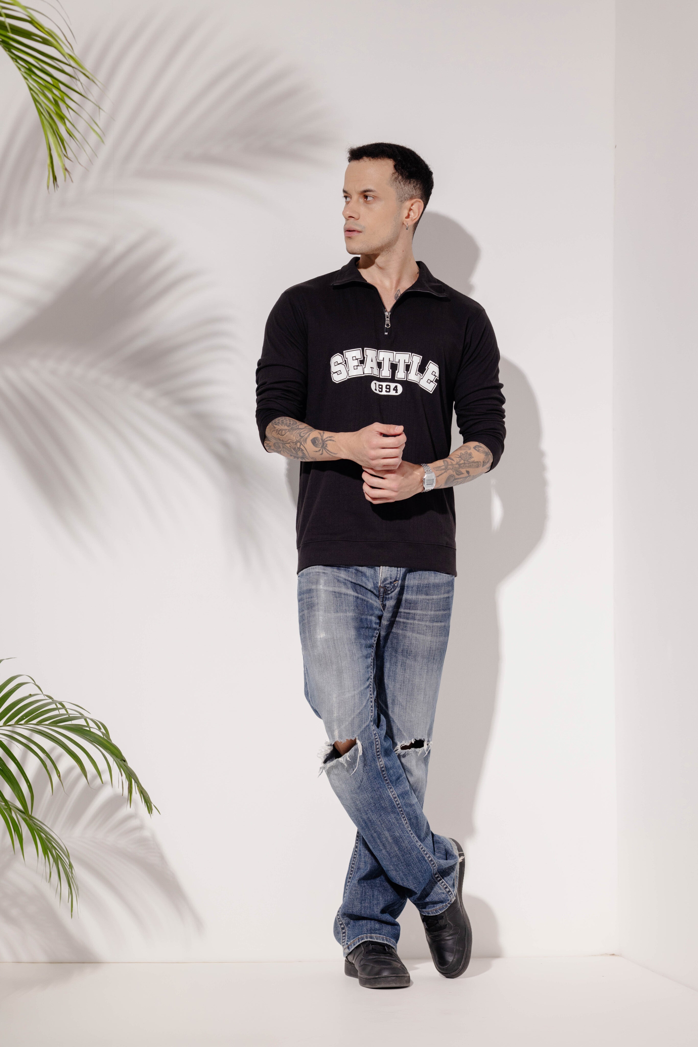 Black Self Deisgn Printed Zipper T-Shirt